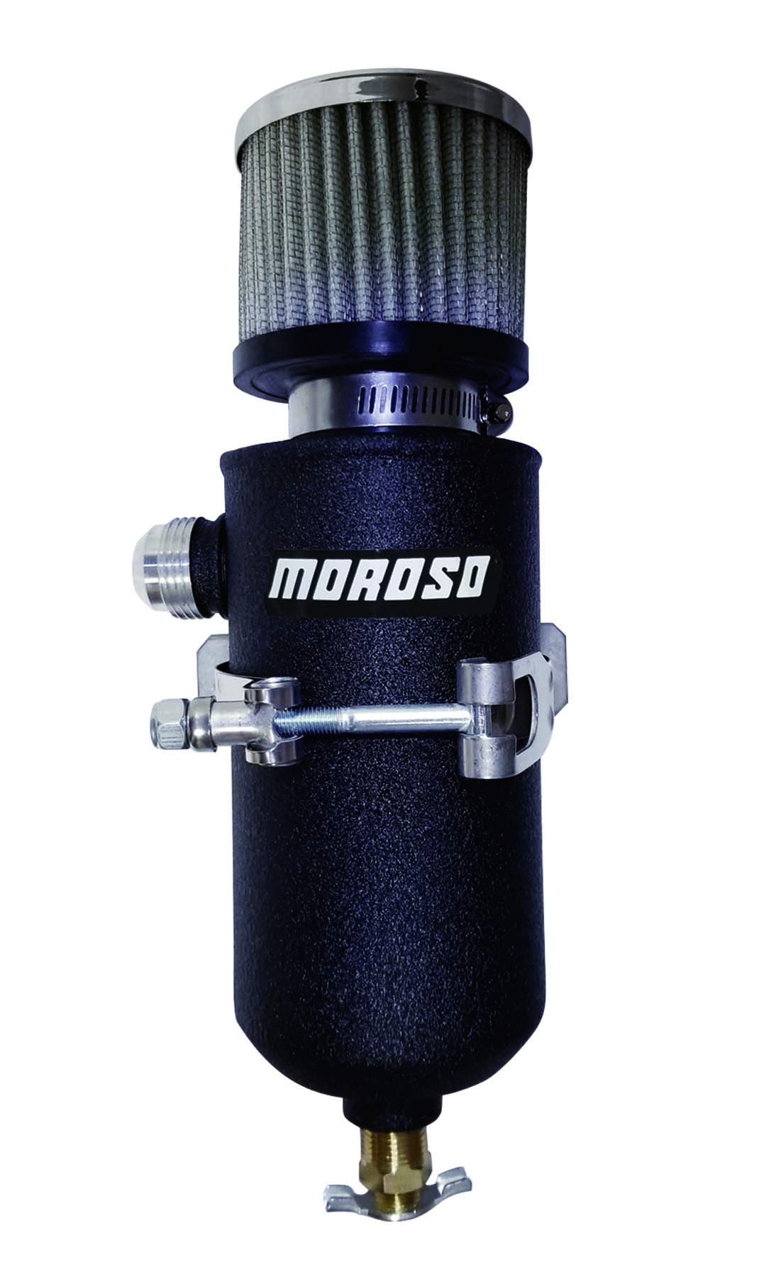 Moroso 85751 Breather Tank Catch Can - 12AN Male Fitting - Black Powder Coated for High-Performance Engines & Racing Applications
