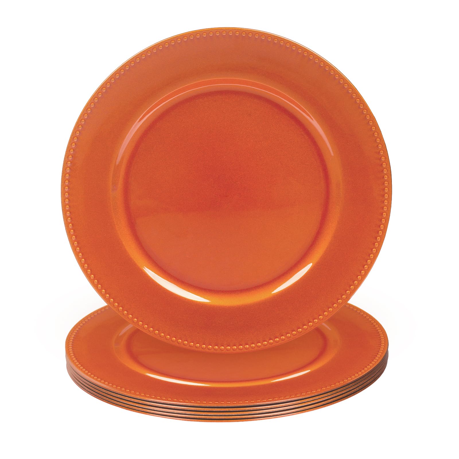 MAONAME 13 Inch Orange Plastic Charger Plates with Beaded Edge - Set of 6 Round Dinner Plates for Wedding, Party, Holiday Table Decor - Perfect for Formal Dining, Buffet Service, and Special Occasions