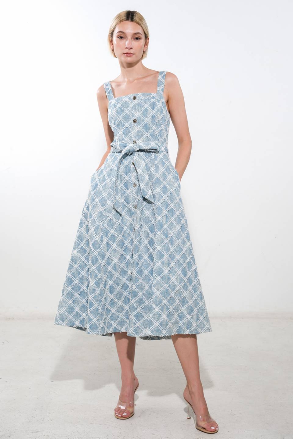 Textured Light Denim Midi Dress for Women - Casual Boho Chic Style - Perfect for Summer Outings, Beach Vacations & Date Nights