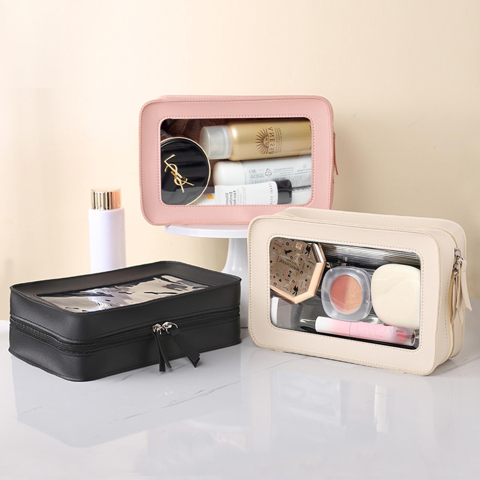 Clear Makeup Bag Travel Toiletry Organizer with Zipper - Waterproof Cosmetic Storage Pouch for Women & Men - TSA Approved Carry-on Essentials - Perfect for Air Travel, Gym, Beach & Daily Use (2 Pack, Pink)