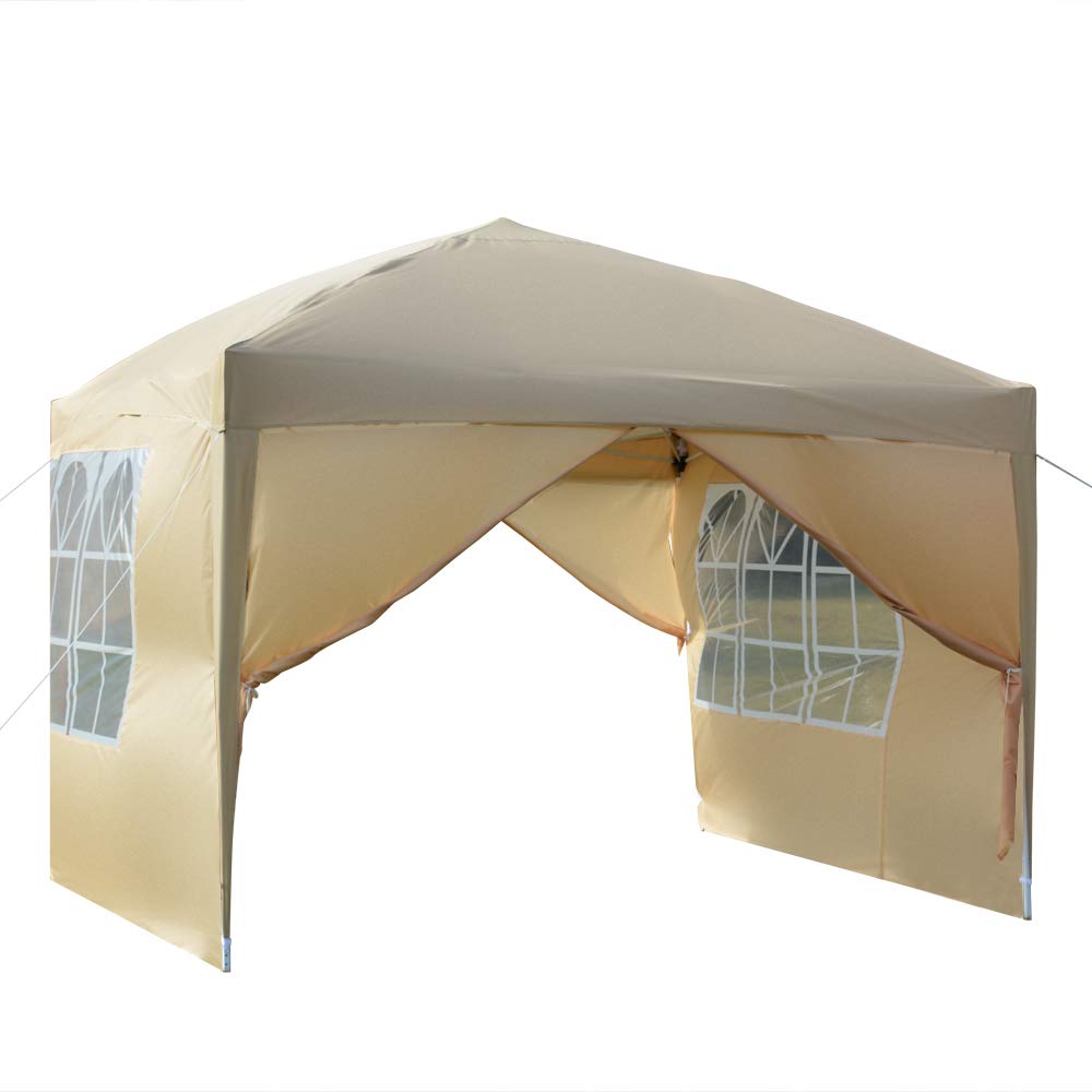10x10 Ft Easy Pop Up Canopy Tent - Waterproof Outdoor Party Gazebo with Adjustable Height, 4 Removable Sidewalls & 2 Windows - Perfect for Patio, Backyard, Porch, Garden & Beach Events - Includes Carry Bag (Khaki)