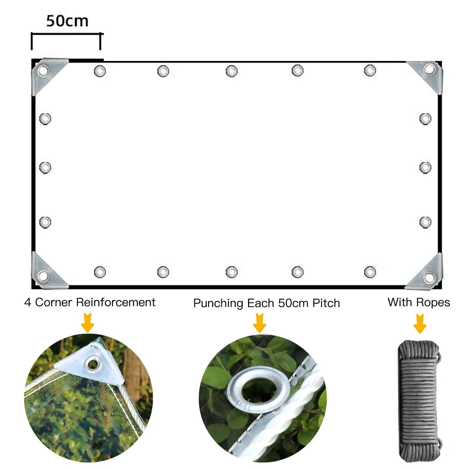 Heavy Duty Clear PVC Tarpaulin - 8' x 12' Transparent Waterproof Tarp with Reinforced Grommets & Ropes | Dustproof, Windproof Cover for Greenhouse, Patio, Garden, Pavilion, Chicken Coop, Porch & Outdoor Use | Perfect for Camping, Construction, Vehicle Protection & Emergency Shelter