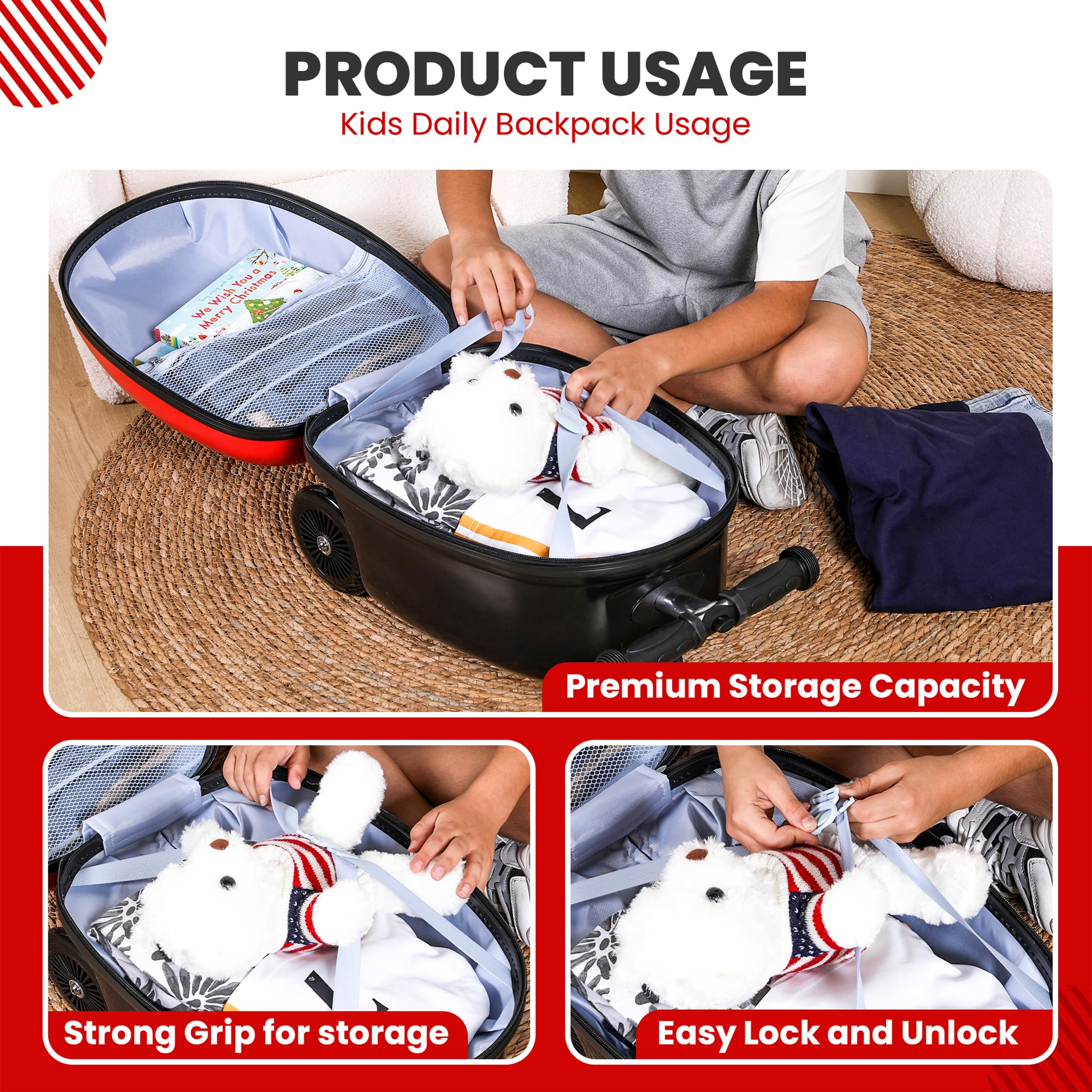 Ladybug Kids Scooter Suitcase - Foldable Ride-On Luggage with Wheels for Travel | Multifunctional Children's Carry-On with Strong Grip, Easy Locks & Smooth Zippers | 110LB Capacity | Perfect for Airports, Family Trips & School Commutes