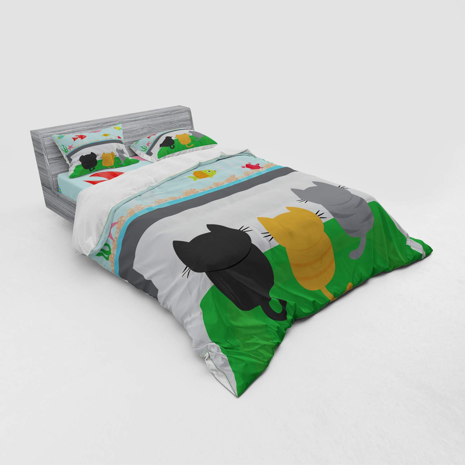 Ambesonne Cat Duvet Cover Set 4-Piece Queen Size - Playful Cats Sitting on Carpet Watching Fish Tank Design, Includes Shams & Fitted Sheet - Perfect for Cat Lovers' Bedroom Decor & Cozy Pet-Themed Home Decor