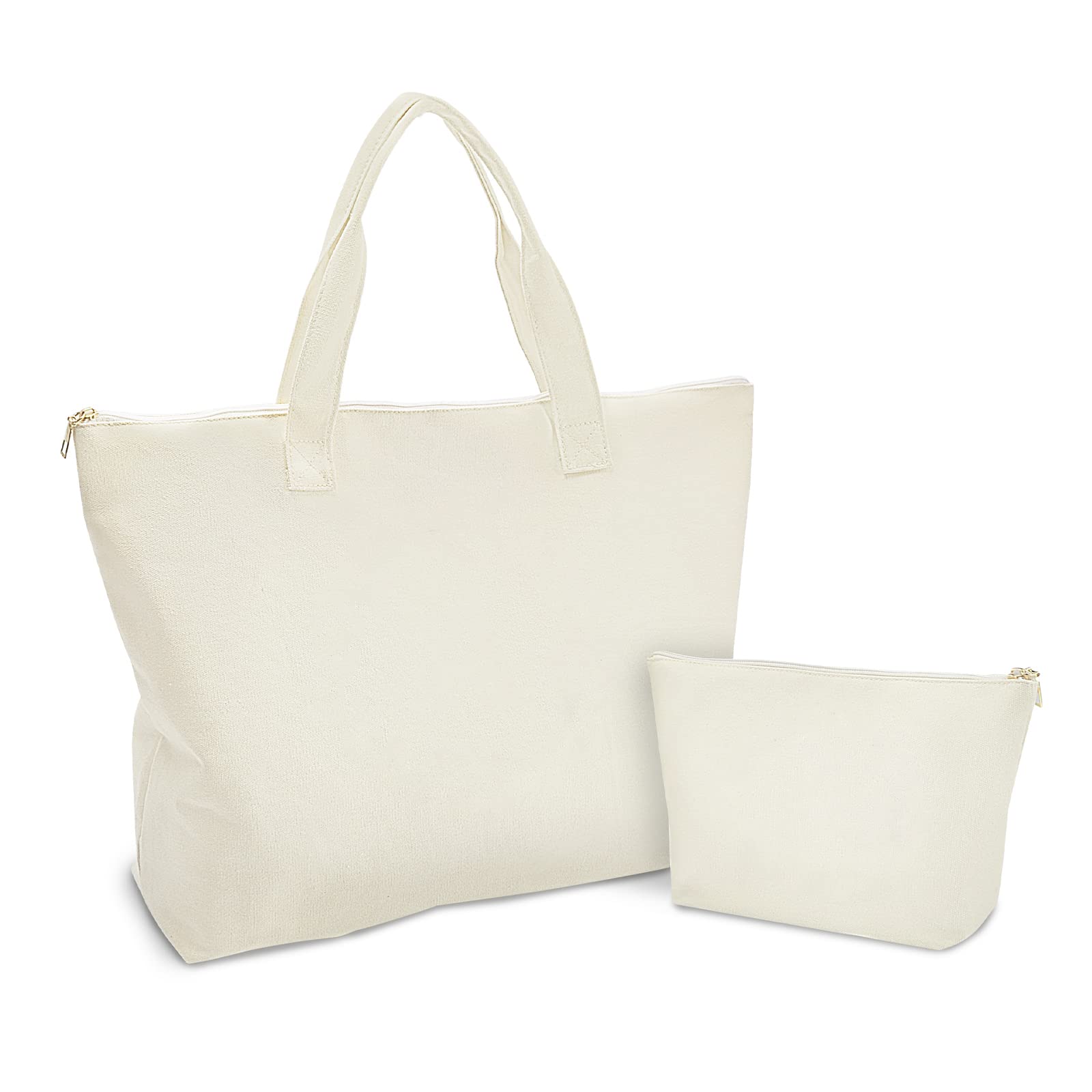 Reusable Blank Canvas Tote Bag with Inner Pocket & Top Zipper Closure - Eco-Friendly Grocery Shopping Bag, Makeup Organizer & DIY Gift for Women - Perfect for Shopping, Travel & Daily Use (White)