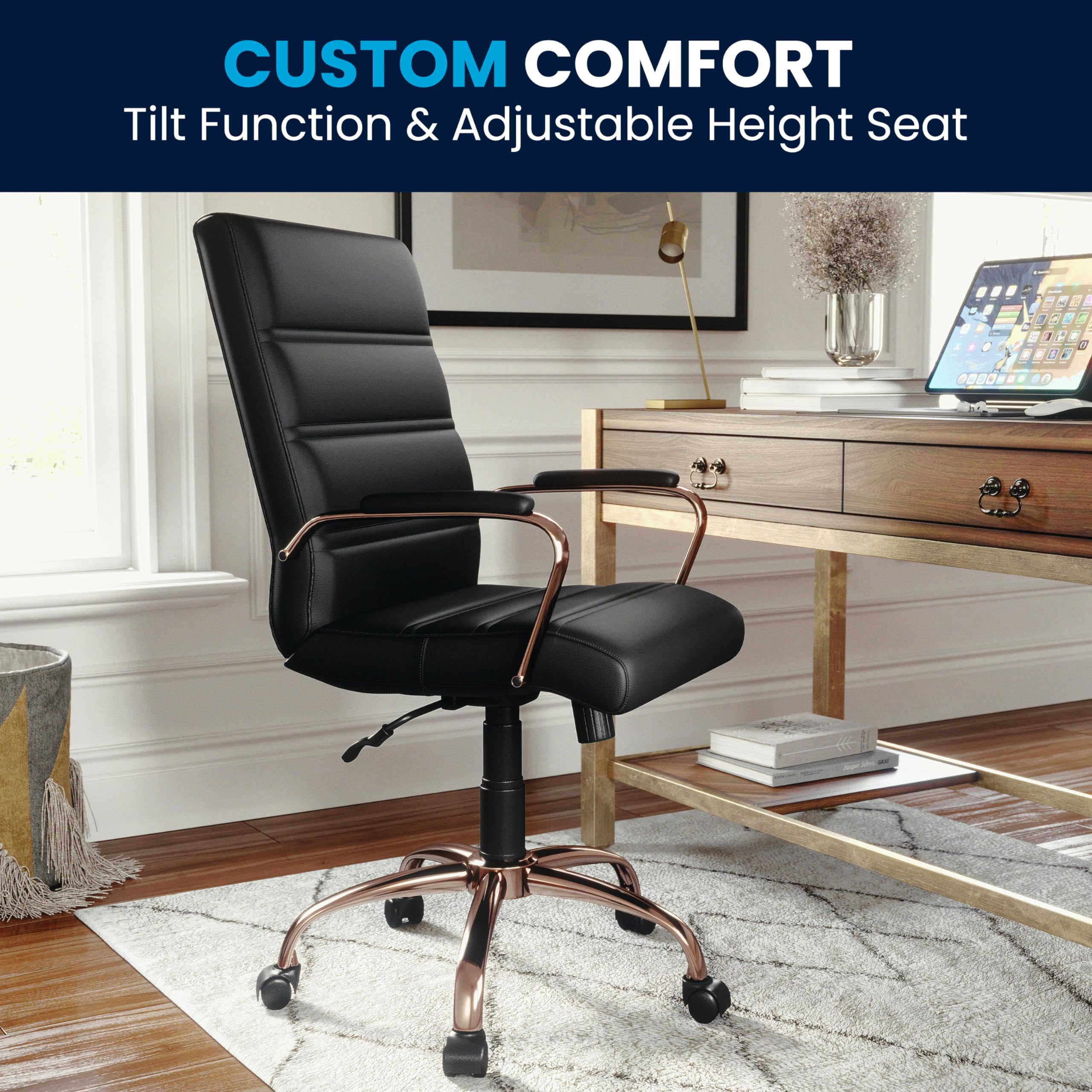 Flash Furniture Whitney Mid-Back Swivel LeatherSoft Office Chair with Adjustable Height, Padded Seat & Armrests - Ergonomic Desk Chair for Home & Office Workspace - Black/Rose Gold