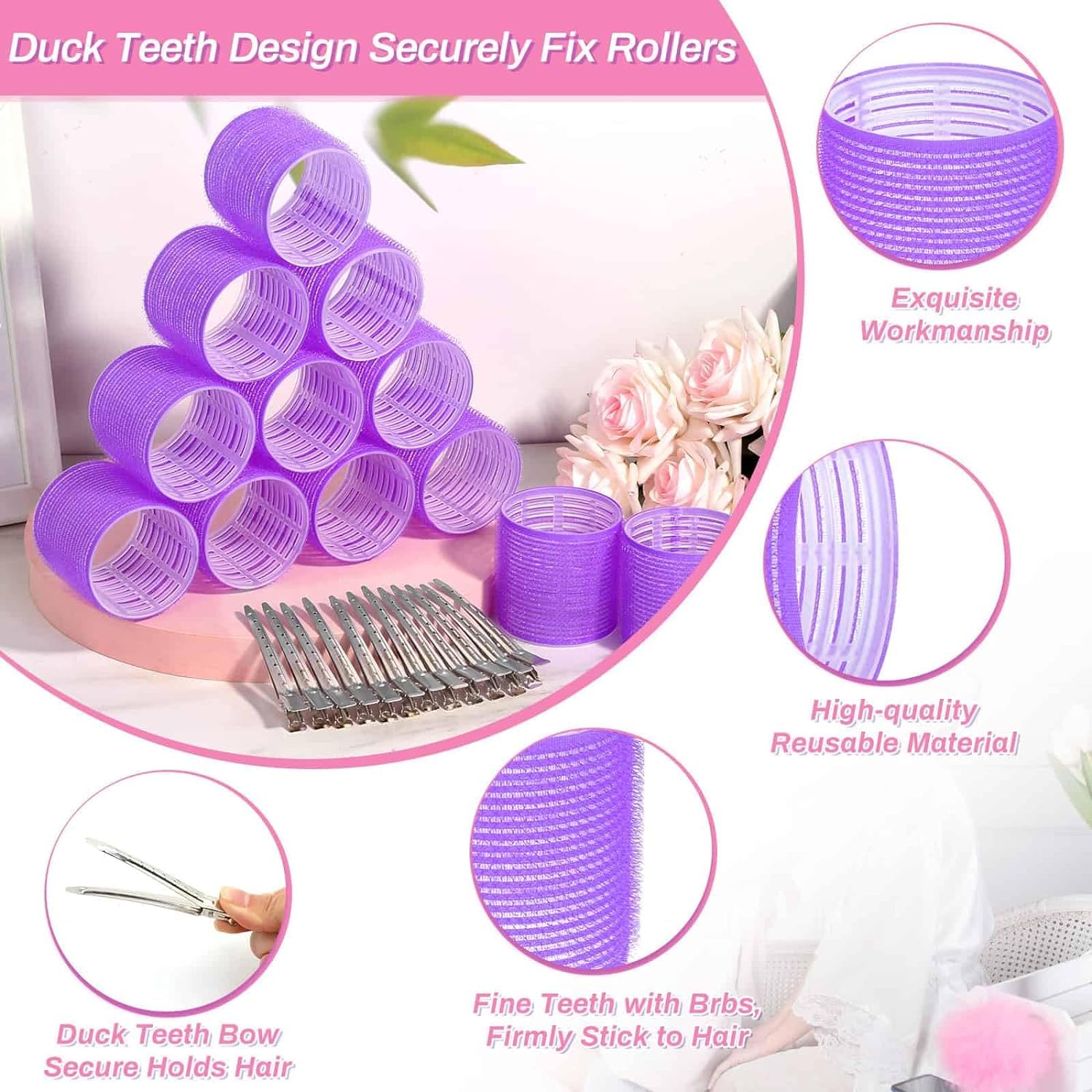 SIYAA Jumbo Rollers Hair Curlers 18-Piece Set - 6 Large Hair Rollers & 12 Hair Clips for Long to Medium Hair Volume & Curls (Purple) - Perfect for Salon-Quality Styling at Home, Parties & Special Occasions
