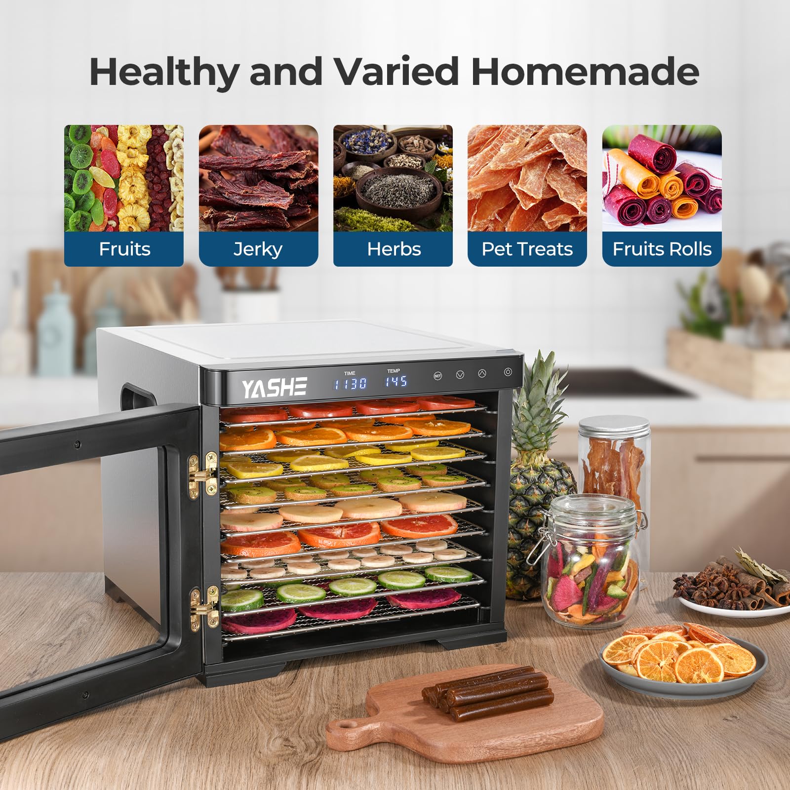 YASHE 9-Tray Stainless Steel Food Dehydrator - 1000W Electric Food Dryer with Adjustable Timer & Temperature Control for Jerky, Fruits, Herbs - Includes Recipes - Perfect for Home Kitchen, Camping & Healthy Snacks
