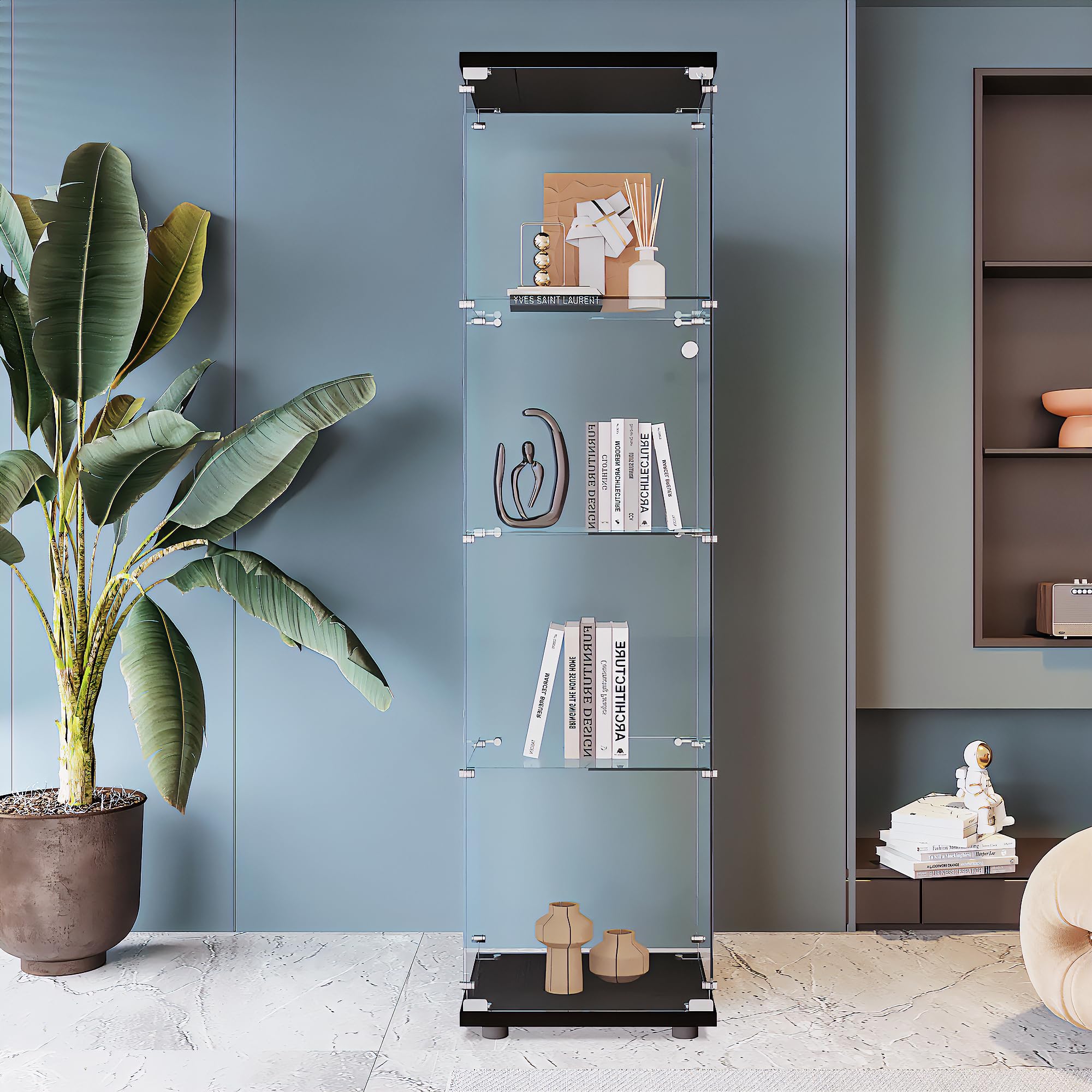 Beauty4U 4-Shelf Glass Display Cabinet - Black Floor Standing Curio Cabinet for Living Room, Bedroom & Office - Quick Assembly Glass Bookshelf - Perfect for Showcasing Collectibles, Books & Home Decor