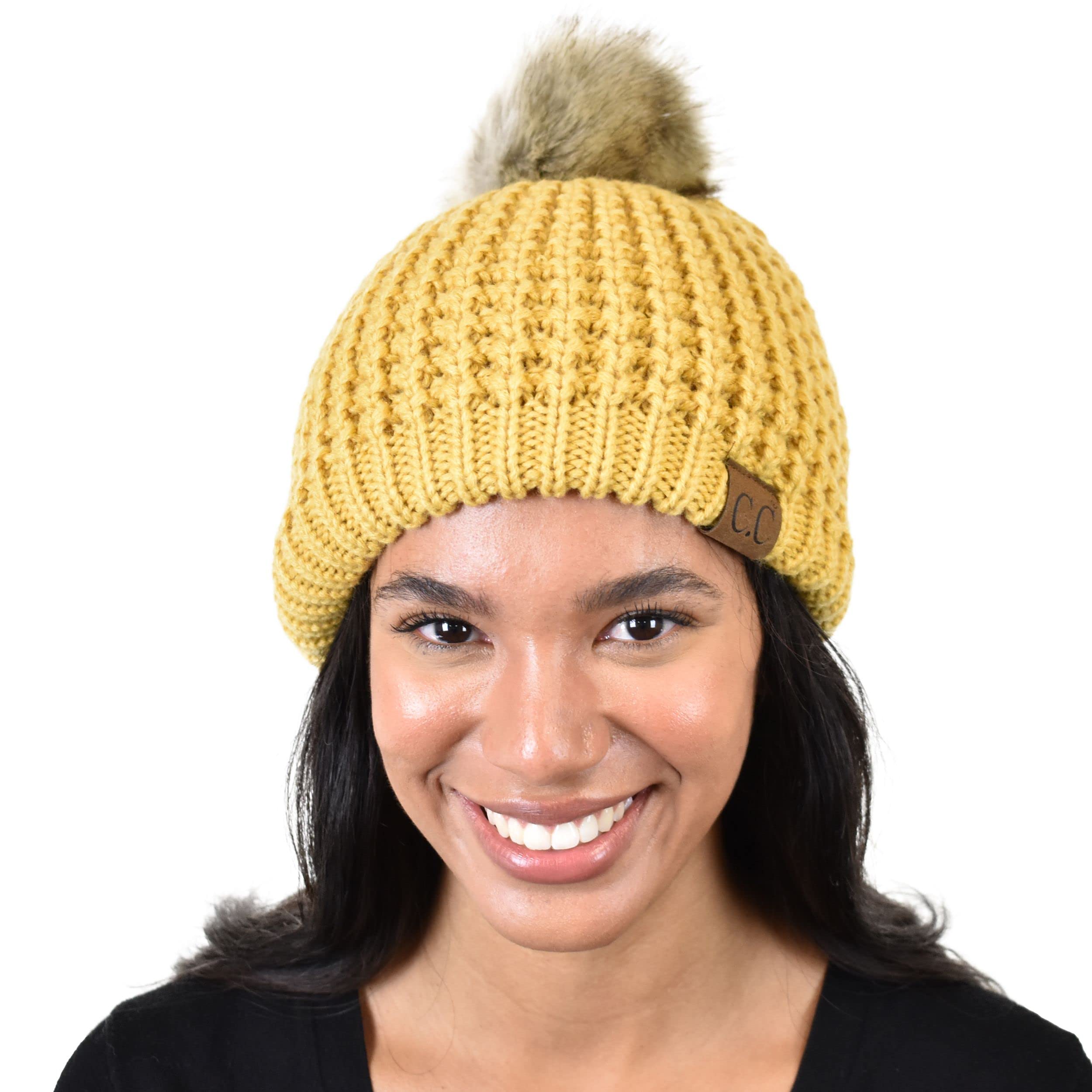 C.C Thick Waffle Knit Fleece Lined Faux Fur Pom Beanie Hat for Women - Winter Warm Fuzzy Knit Hat for Cold Weather, Outdoor Activities & Fashion Accessories