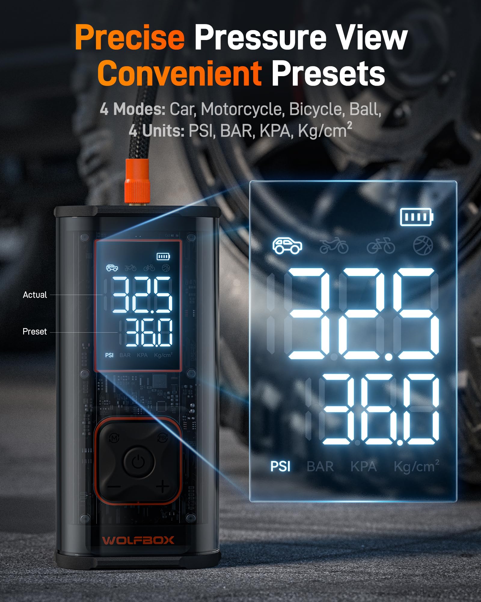 WOLFBOX 12,000mAh 150PSI Heavy Duty Portable Air Compressor - Fast 58LPM Double-Cylinder Tire Inflator for Car, Truck, SUV & Bike Tires with 3.5