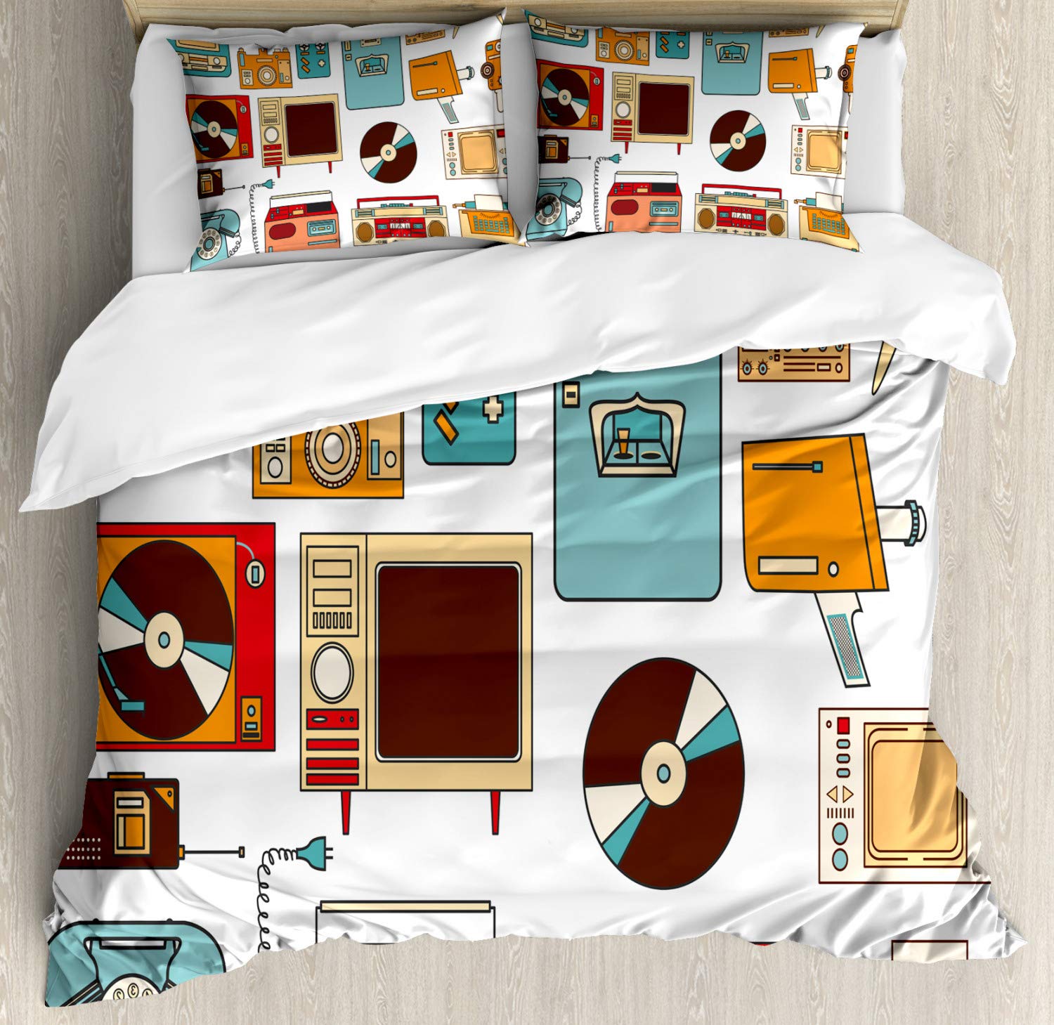 Ambesonne Vintage Electronics Duvet Cover Set - Retro Telephone, Radio, Typewriter & TV Print, 3-Piece King Size Bedding with 2 Pillow Shams, Multicolor | Perfect for Retro-Themed Bedrooms & Unique Home Decor