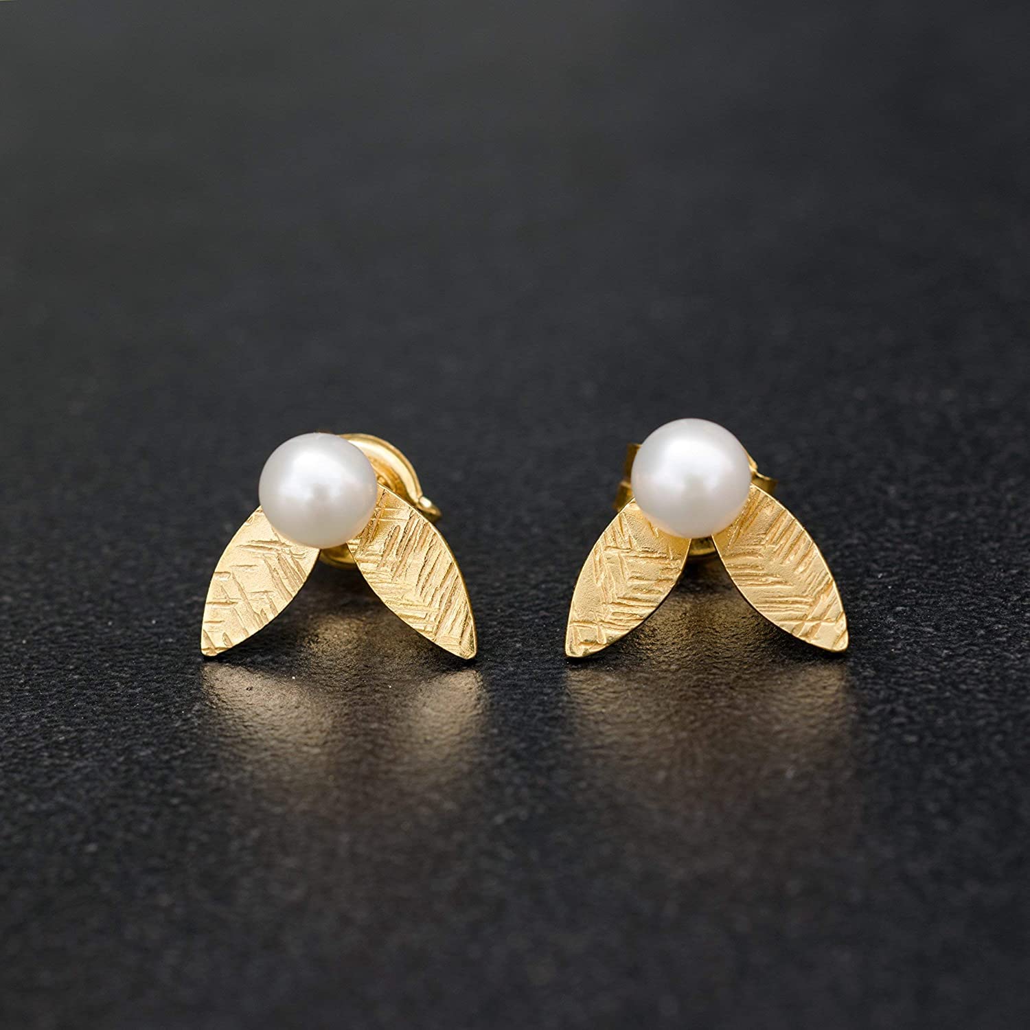 Handmade Gold Sterling Silver Dainty Stud Earrings - Minimalist Leaf & Pearl Studs for Sensitive Ears | Perfect for Everyday Wear, Gift Giving & Special Occasions