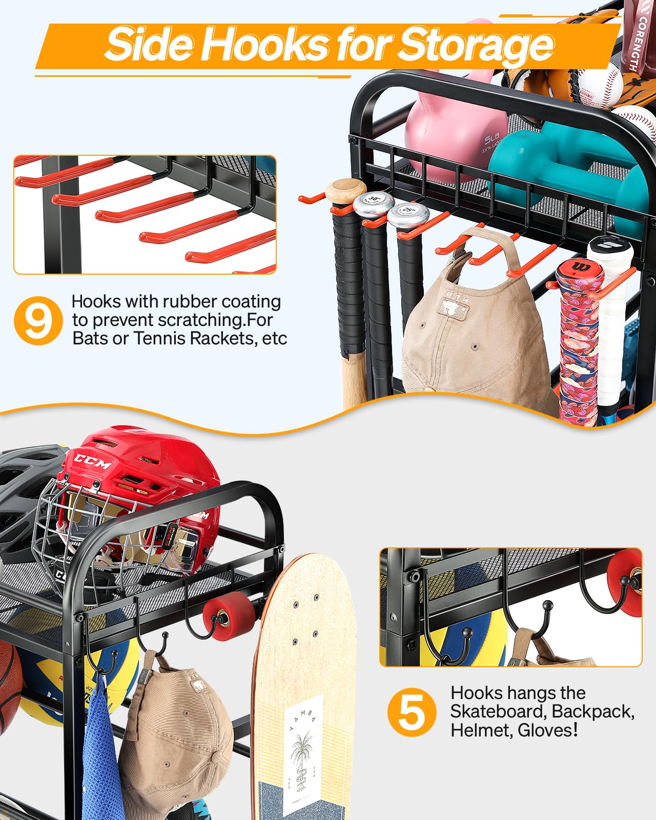 Portable Rolling Ball Storage Cart with Wheels & Hooks - Sports Equipment Organizer for Basketball, Baseball, Soccer Balls - Perfect for Garage, Gym, Playroom & Outdoor Gear Storage