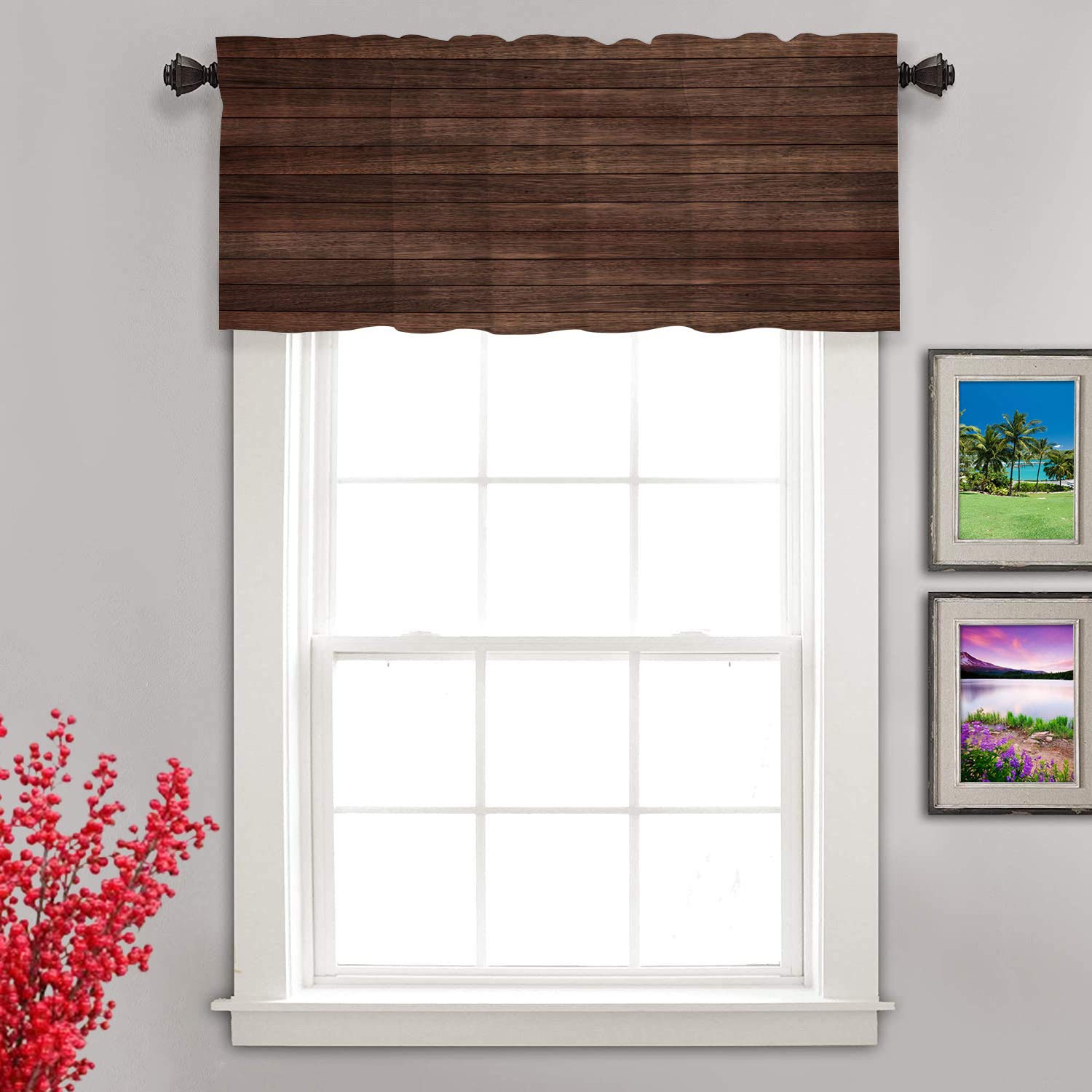 Shrahala Dark Brown Wood Kitchen Valance - 52x18 Inch Wood Plank Design, Ink Printed Half Window Curtain for Modern Kitchen Decor, Perfect for Farmhouse, Rustic, and Contemporary Kitchen Styles