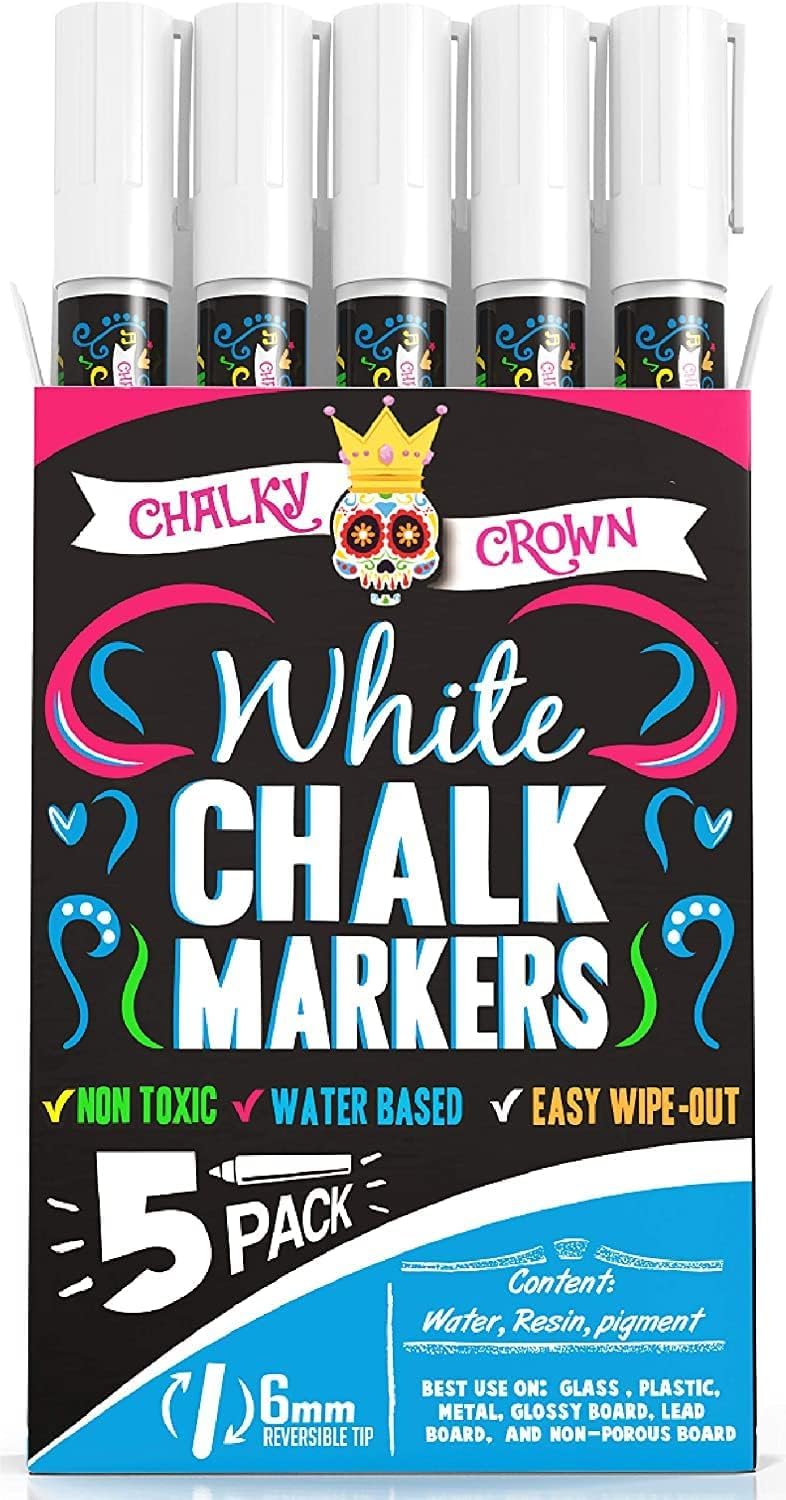CHALKY CROWN Liquid Chalk Markers - 6mm Reversible Tip White Chalk Pens for Chalkboard, Windows, Glass & Blackboard - Non-Toxic, Vibrant Colors (5 Pack) - Perfect for Restaurants, Cafes, Retail Signs & Classroom Teaching