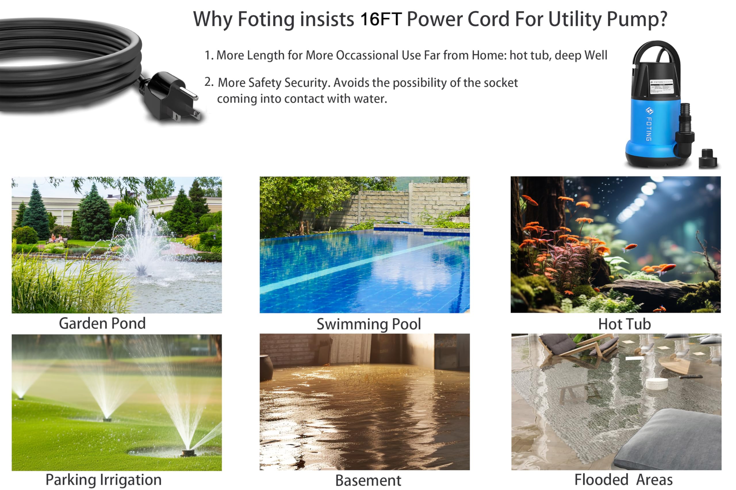 1HP FOTING Submersible Sump Pump - 4600GPH High Flow Clean/Dirty Water Pump with 16ft Power Cord - Portable Thermoplastic Utility Pump for Swimming Pools, Garden Ponds, Basement Flooding & Water Transfer - Ideal for Emergency Drainage, Irrigation, and Home Maintenance