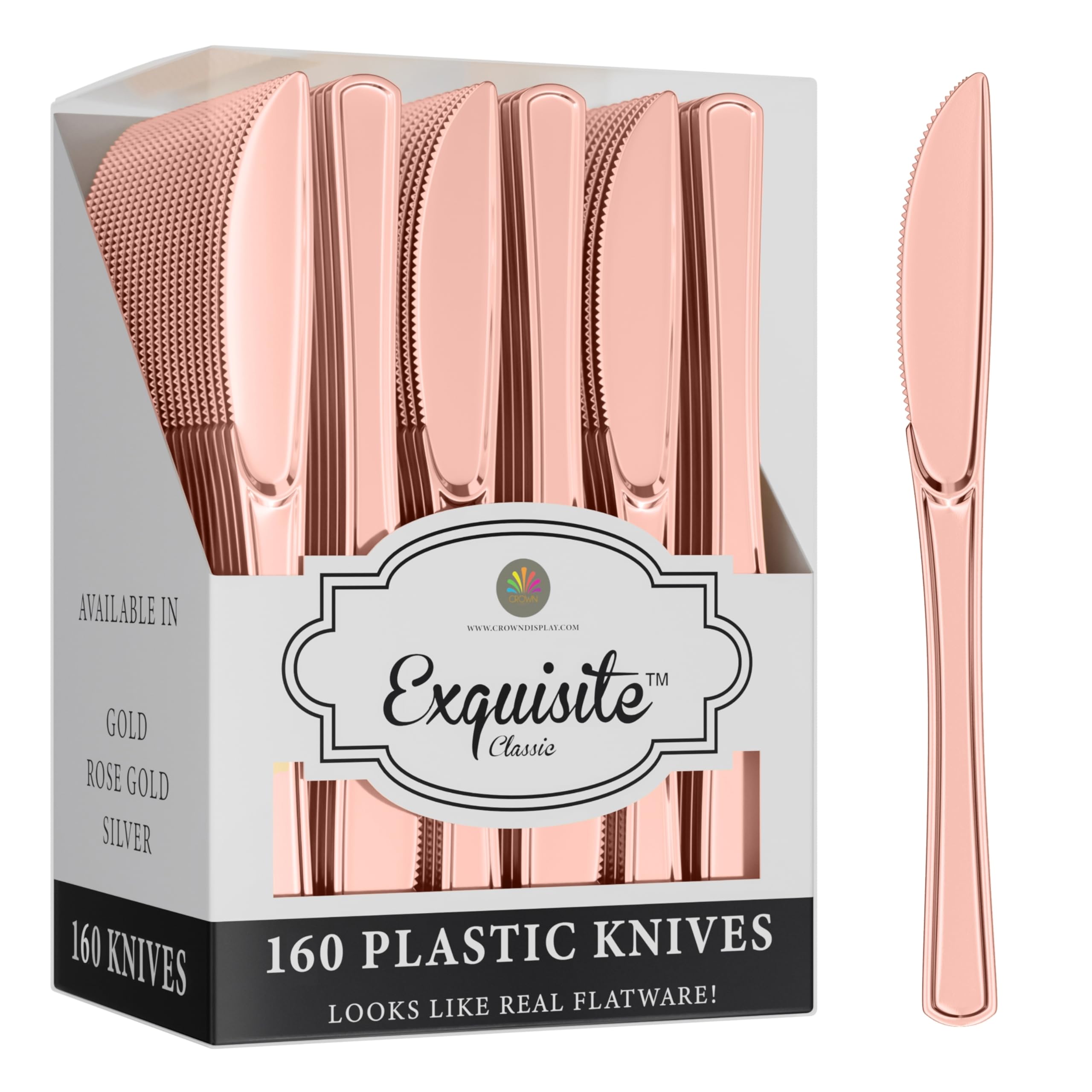 Premium Rose Gold Plastic Knives - Heavy Duty 160-Piece Disposable Cutlery Set | Elegant Flatware for Wedding, Birthday Party, Picnic & Catering Events - Durable & Stylish Eating Utensils