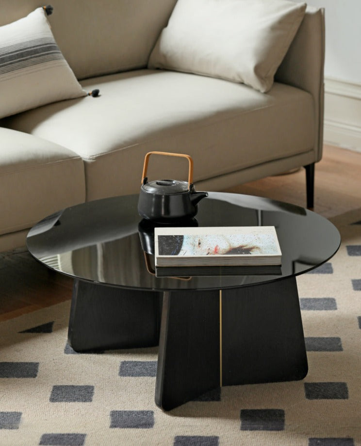 Solid Oak Wood Smoky Coffee Table with Glass Top - Modern Living Room Furniture for Home Decor