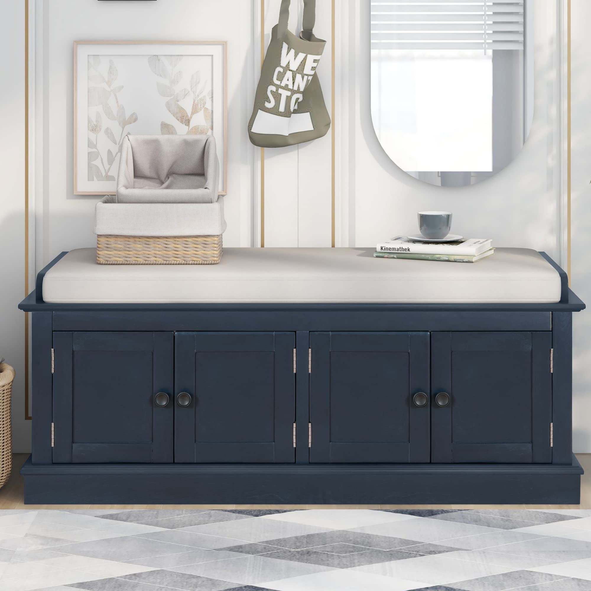 P PURLOVE Farmhouse Storage Bench with Adjustable Shelves & Removable Cushion - Wooden Entryway Shoe Bench, Antique Navy - Perfect for Hallway Organization, Mudroom Decor & Cozy Seating