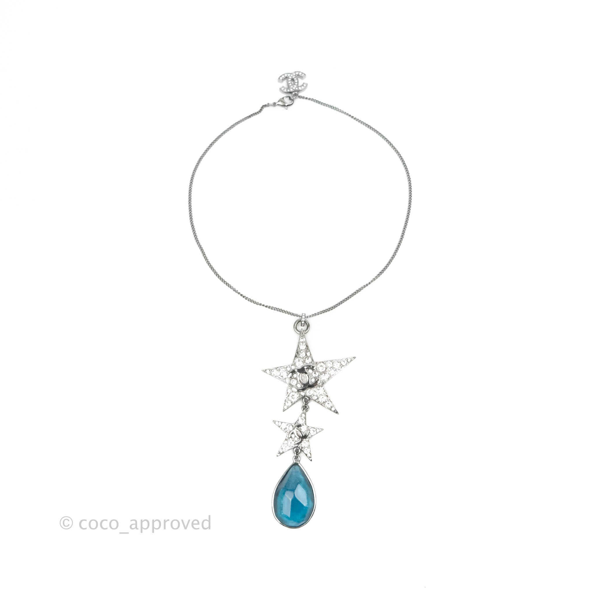 Chanel CC Crystal Star Blue Resin Tear Drop Choker Necklace in Gun Metal - 22C Collection | Elegant Statement Jewelry for Parties, Weddings & Special Occasions