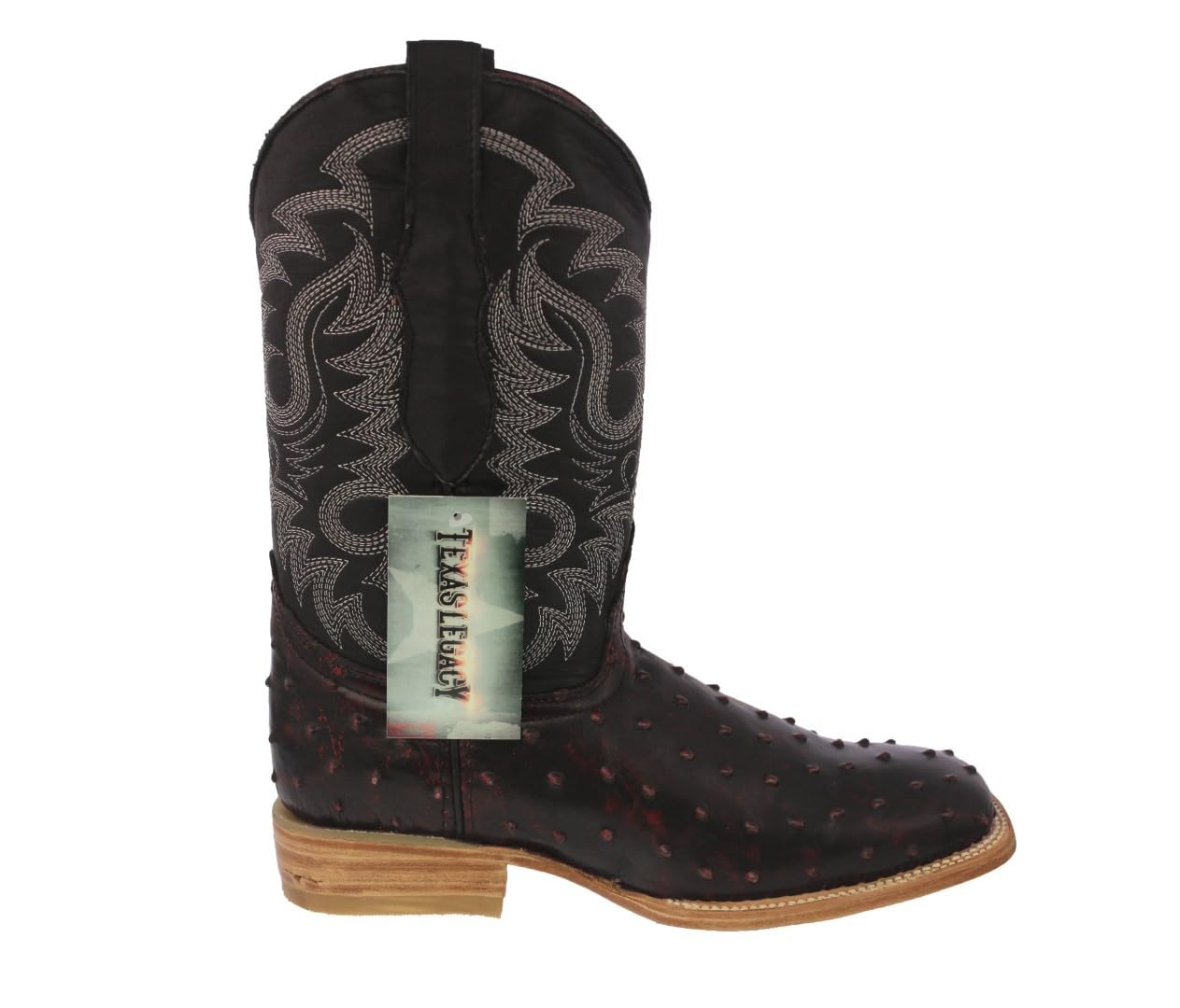 Texas Legacy Men's Black Cherry Western Leather Cowboy Boots with Ostrich Quill Print - Stylish Rodeo & Country Fashion for Western Enthusiasts