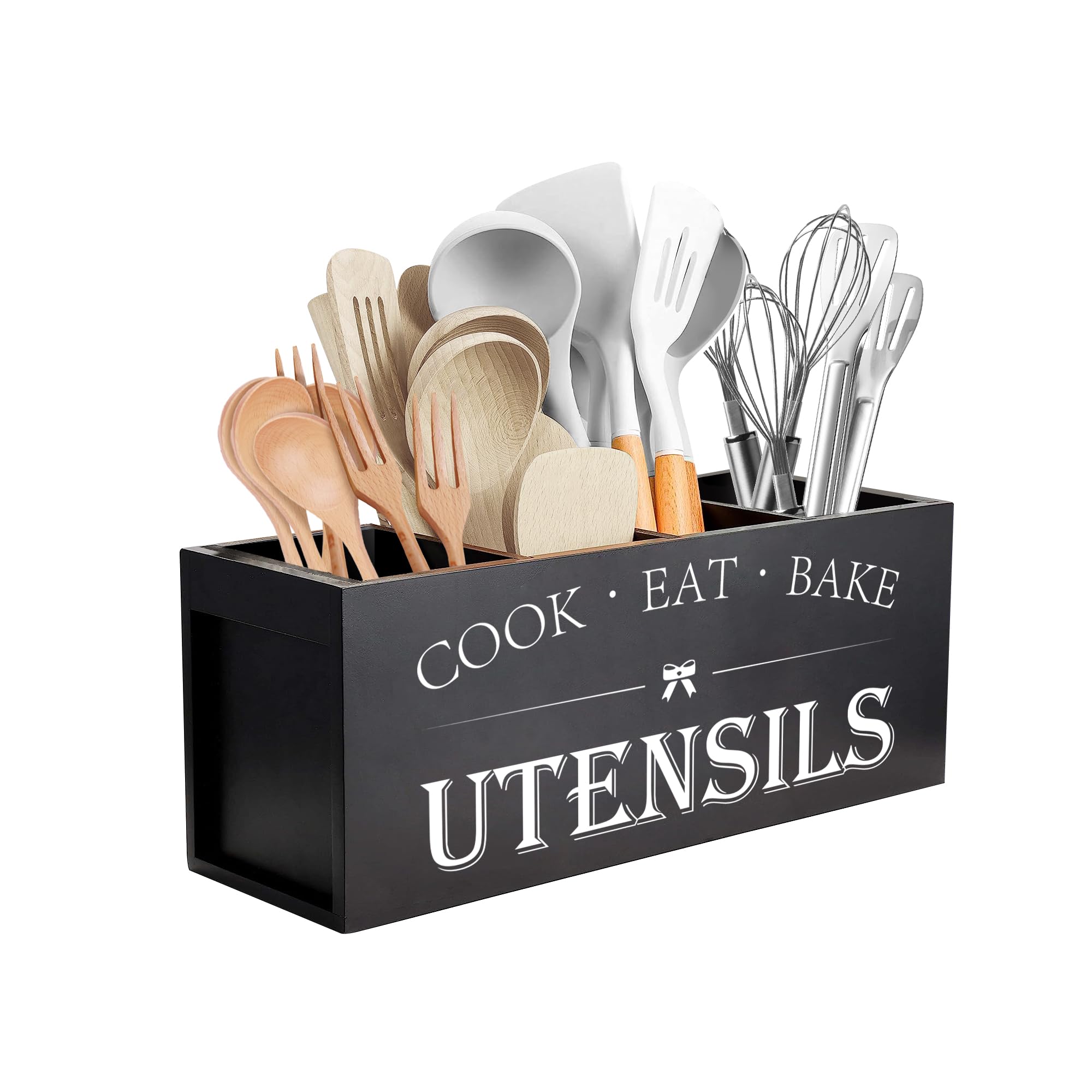 Extra Large Wooden Kitchen Utensil Holder with 4 Compartments - Rustic Farmhouse Countertop Organizer for Cooking Tools, Spoons & Spatulas - Black - Perfect for Kitchen Counter Organization & Farmhouse Style Decor