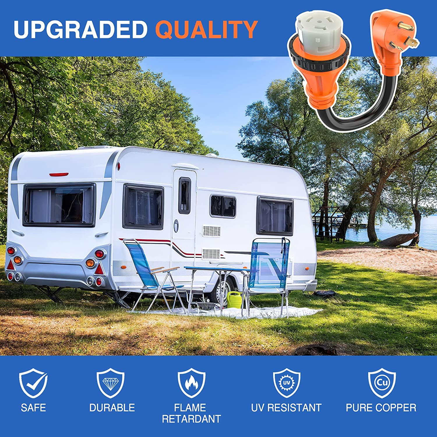 30AMP to 50AMP RV Locking Adapter Cord - Heavy Duty Power Converter for Campers & RVs - Safe Electrical Connection for Outdoor Camping & RV Parks