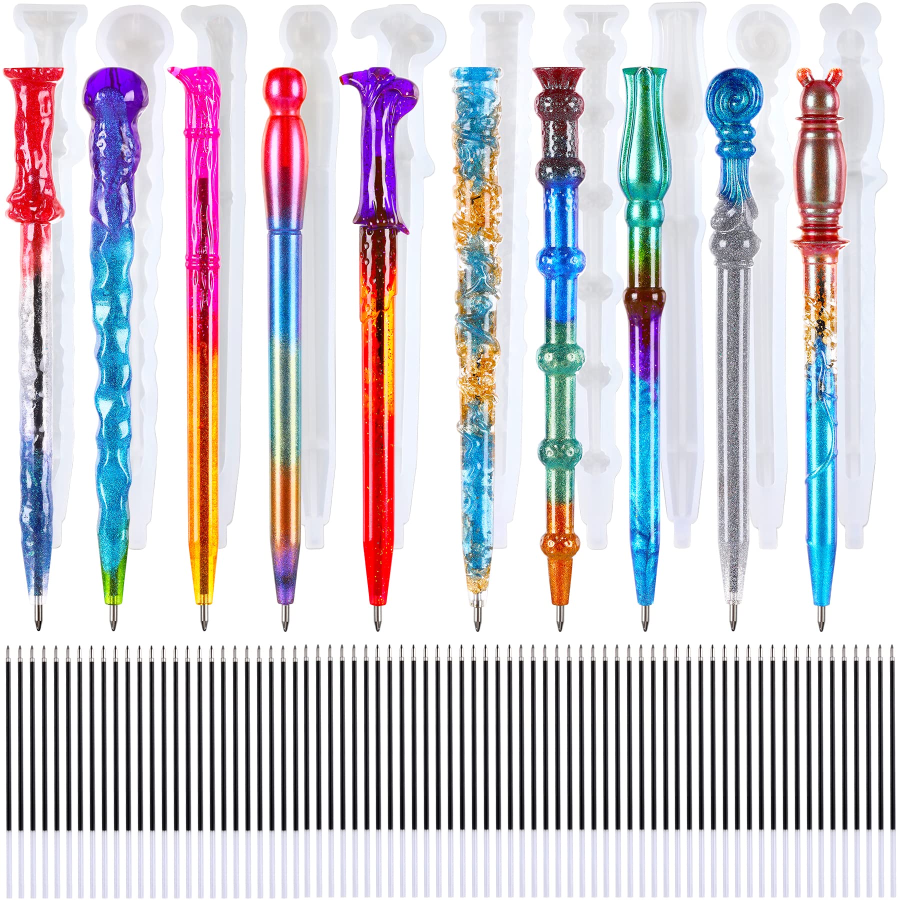 10Pcs Magic Wand Pen Silicone Mold Set with 90 Ballpoint Refill Pens - DIY Epoxy Resin Casting Molds for School Crafts, Art Projects & Gift Making - Perfect for Handmade Pens, Jewelry & Creative Decorations