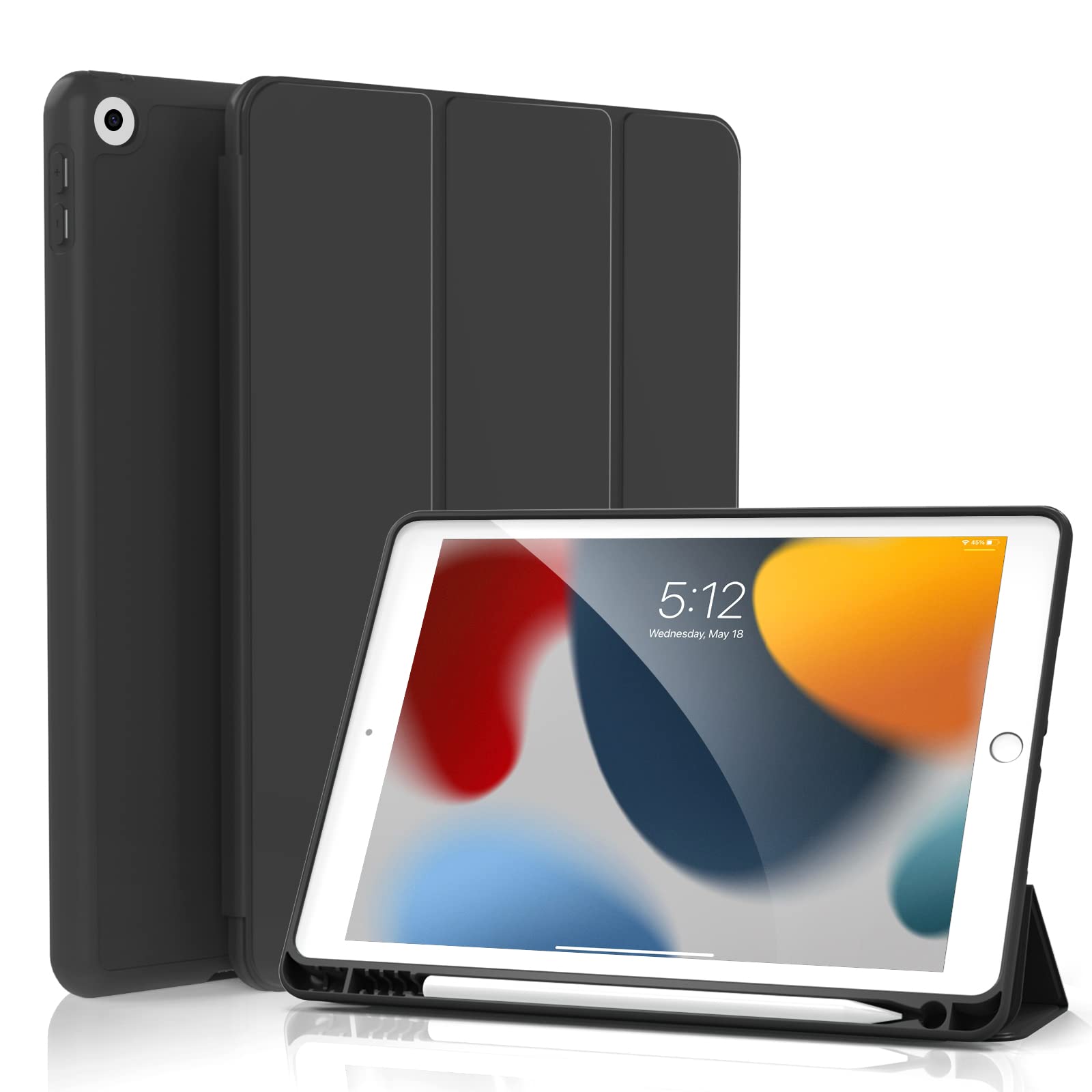 Premium iPad Case for 9th/8th/7th Gen 10.2 Inch (2021/2020/2019) - Shockproof TPU Back with Pencil Holder, Auto Wake/Sleep Cover - Perfect for Work, School & Travel - Black