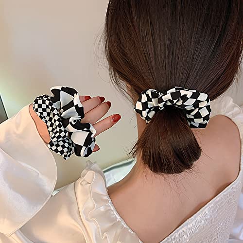 Plaid Hair Scrunchies for Women - 3 Pack Black & White Checkered Hair Ties, Ponytail Holders, Hair Bands for Girls | Perfect for School, Work, Gym and Everyday Hair Accessories