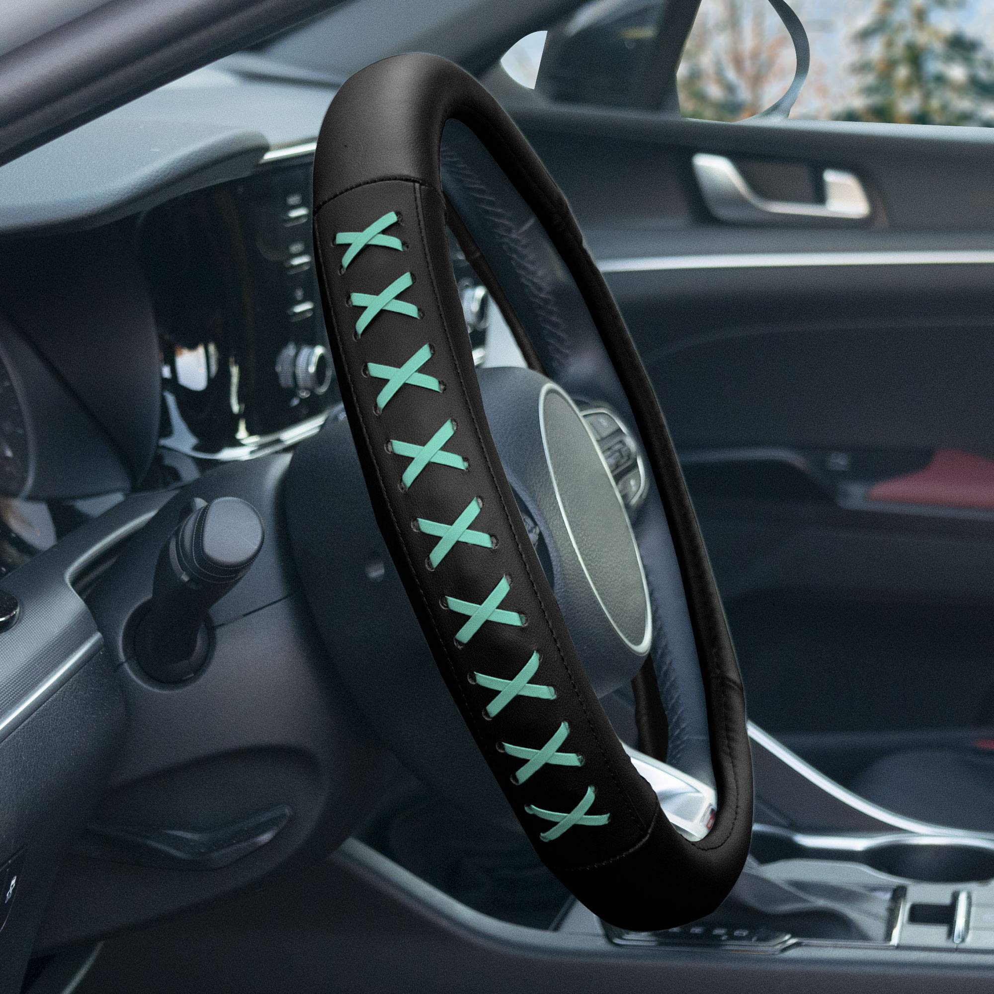 TLH Universal 15 Inch Genuine Leather Steering Wheel Cover with Lace-Up Design - Non-Slip Grip for Cars, Trucks & SUVs - Perfect for Daily Commute & Road Trips