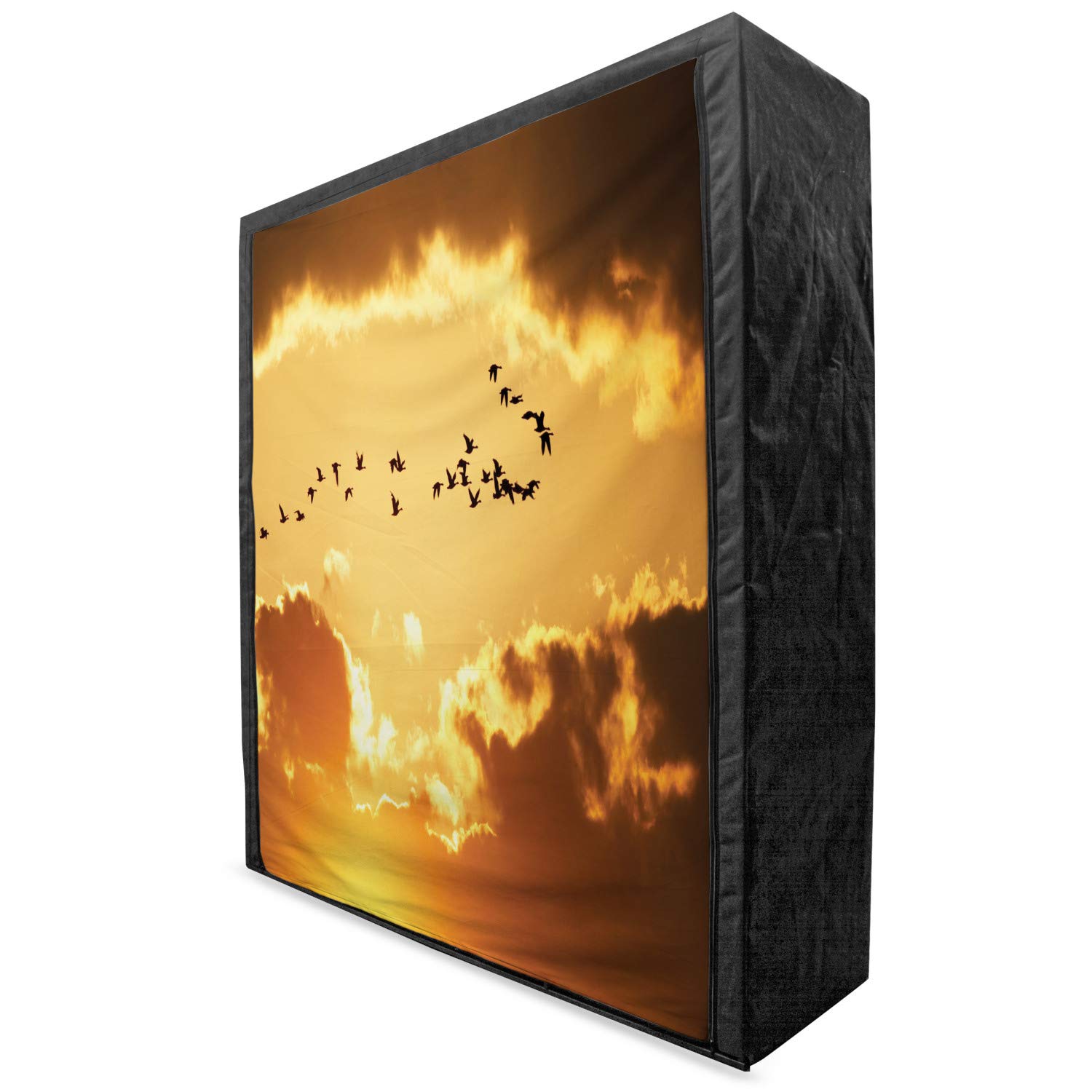 Ambesonne Birds Portable Fabric Wardrobe - Flock of Migratory Canadian Geese Flying at Sunset on Cloudy Sky Monochromatic Design - Brown & Yellow Clothing Organizer with Shelves (59 Inches) - Perfect for Bedroom, Closet, Dorm, or Apartment Storage