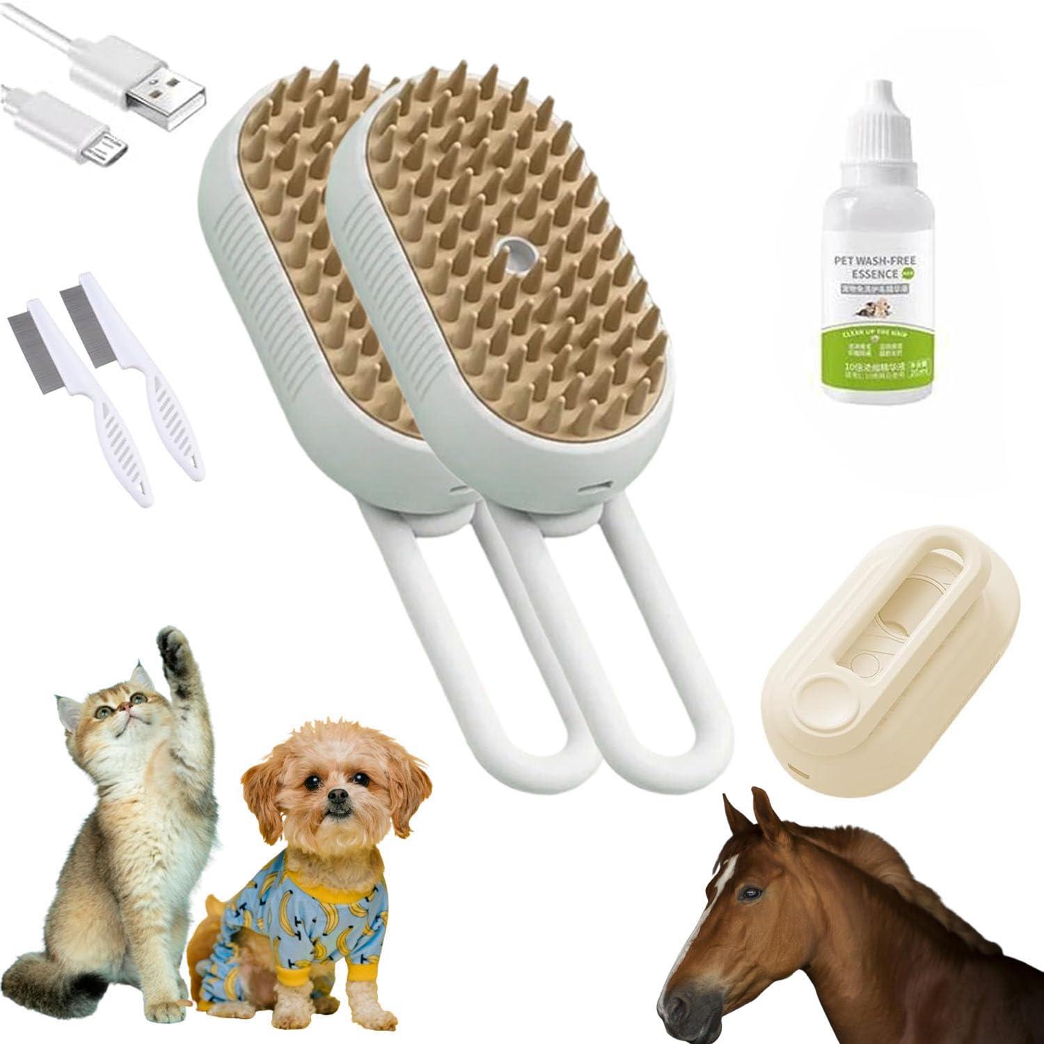 Chevaroo 3-in-1 Self-Cleaning Steam Pet Brush for Dogs & Cats - Silicone Bristle Head with 360° Rotation for Effective Shedding Control & Grooming (Grey, 2-Pack) | Perfect for Home Pet Care & Professional Grooming Sessions