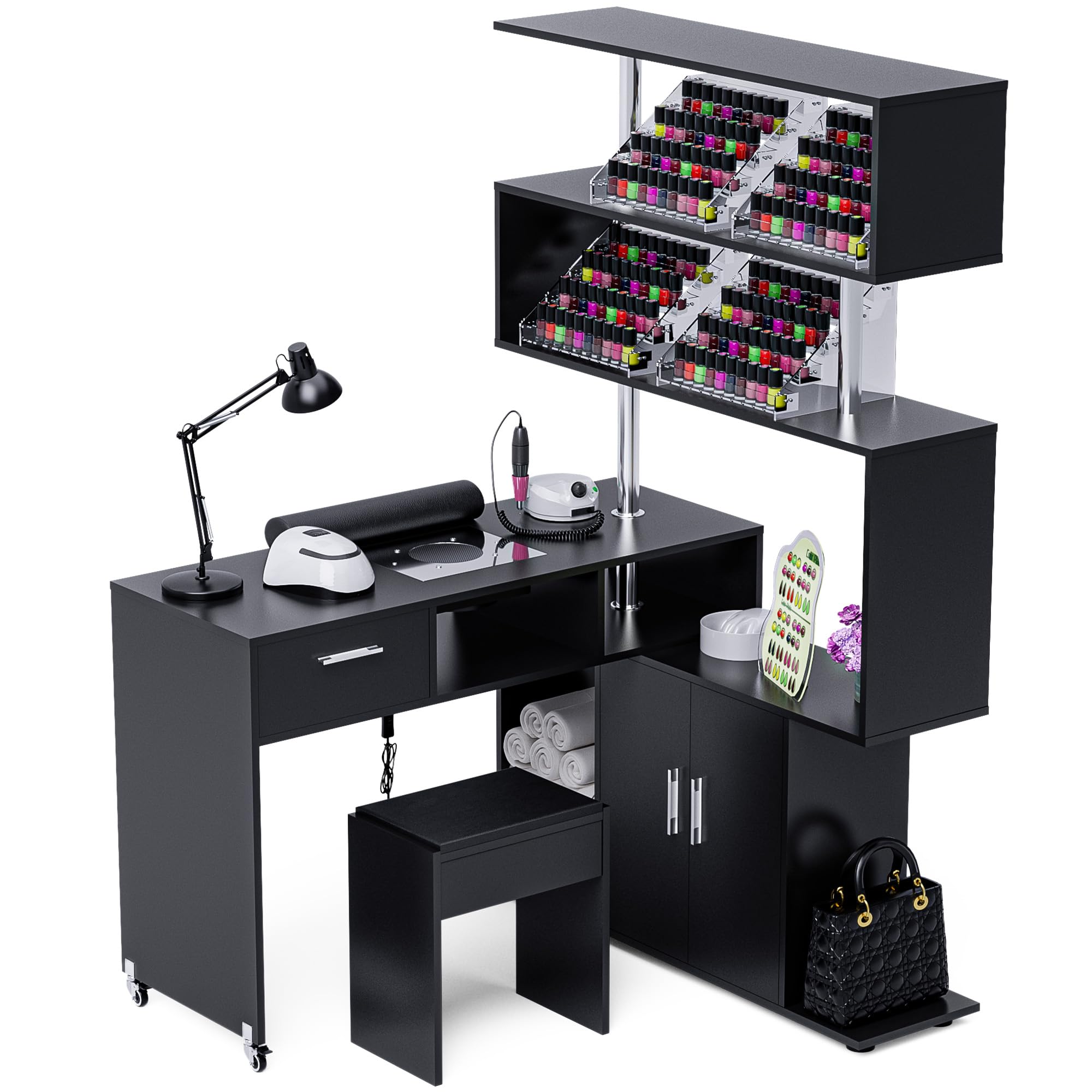 Professional Rotating L-Shaped Manicure Table with Stool - Nail Tech Desk with Built-in Dust Collector, 2-Way Drawer, Storage Cabinet & Shelves - Mobile Reversible Nail Salon Workstation (Black) | Perfect for Home Salons, Nail Technicians & Beauty Professionals
