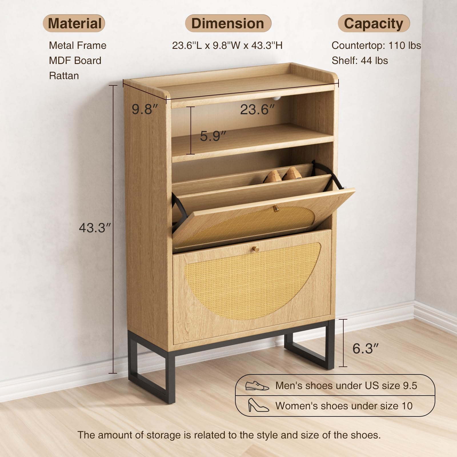 Rattan Shoe Storage Cabinet with 2 Flip Drawers & Sensor Light - Slim Entryway Shoe Organizer with Metal Frame for Hallway, Living Room, or Bedroom - Beige (Natural) Hidden Shoe Cabinet for Small Spaces