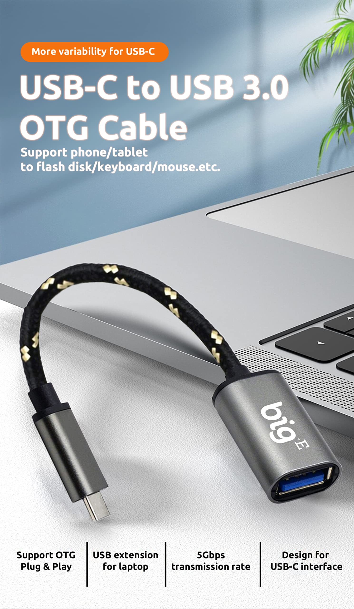 Big-E Turbo 5Gbps USB-C to USB 3.0 Adapter [2 Pack] - USB C Male to USB Female Converter for MacBook Pro/Air, iPad Pro, Dell XPS, BlackBerry KeyOne - Thunderbolt 3/4 & OTG Support - Fast Data Transfer for External Hard Drives, Flash Drives, Keyboards (Gray)