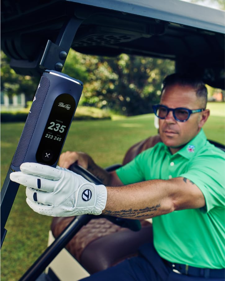Blue Tees Golf Player+ GPS Speaker with Touch Screen Display | 10+ Hours Battery Life | 40,000+ Preloaded Golf Courses | Visual & Audible Distance Measurement | Hazard Detection | IPX7 Waterproof (Navy) | Perfect for On-Course Distance Tracking & Music Playback During Golf Games