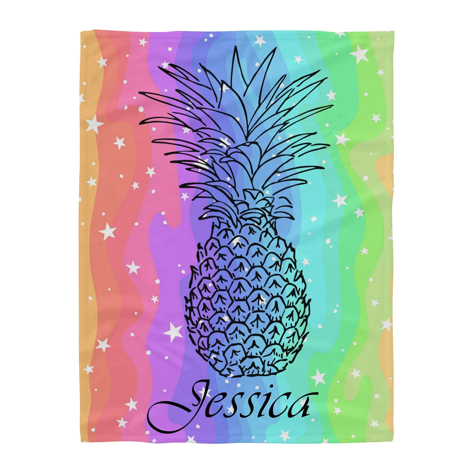 Personalized Pineapple Rainbow Star Baby Blanket with Name - Soft Fleece Nursery Throw Blanket 30