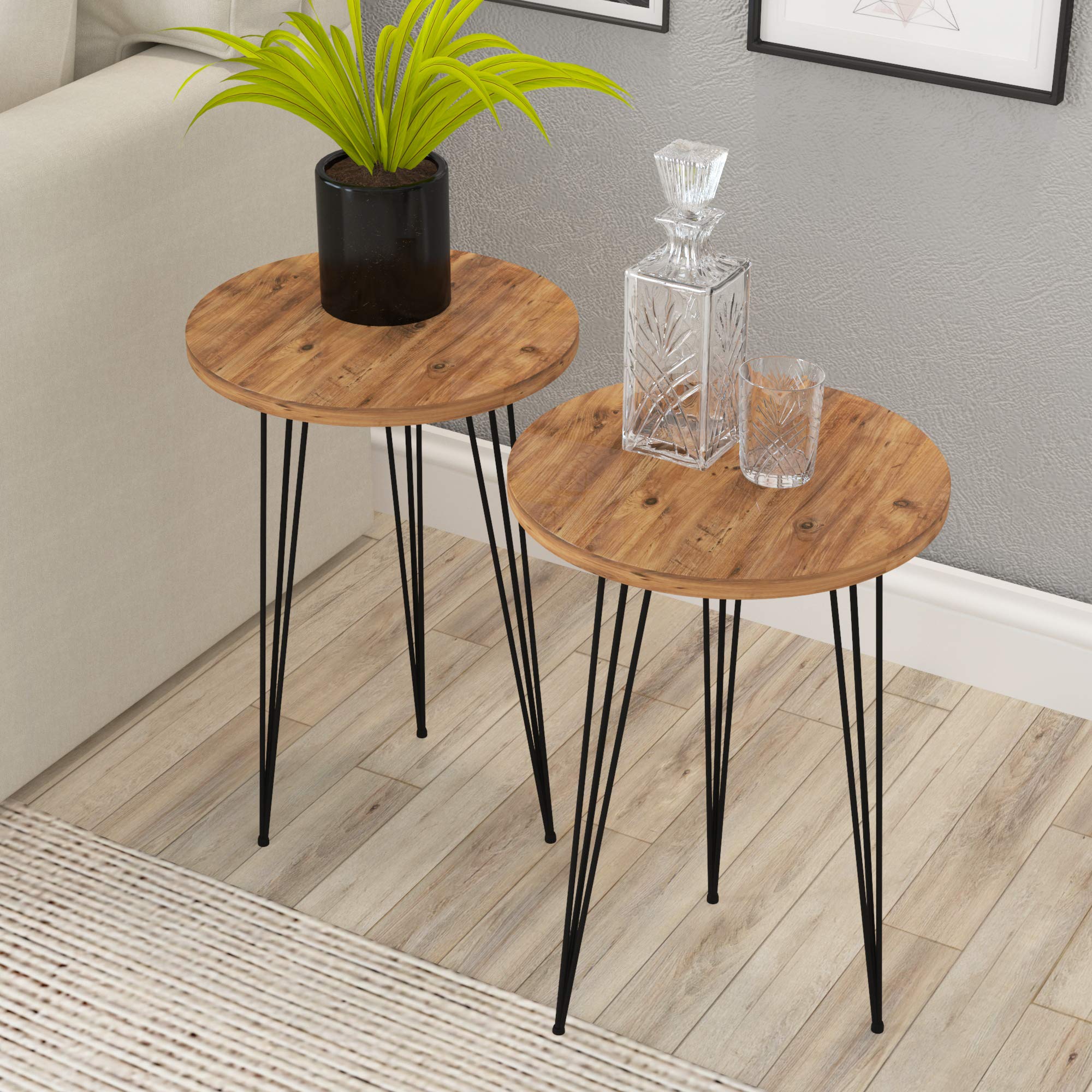 PAK HOME - Set of 2 Round Pine Wood End Tables with Black Metal Legs, Nightstand & Sofa Side Tables for Small Spaces - Perfect for Bedroom, Living Room, Home Office & Balcony Decor | Compact Coffee Tables for Cozy Corners & Modern Interior Design