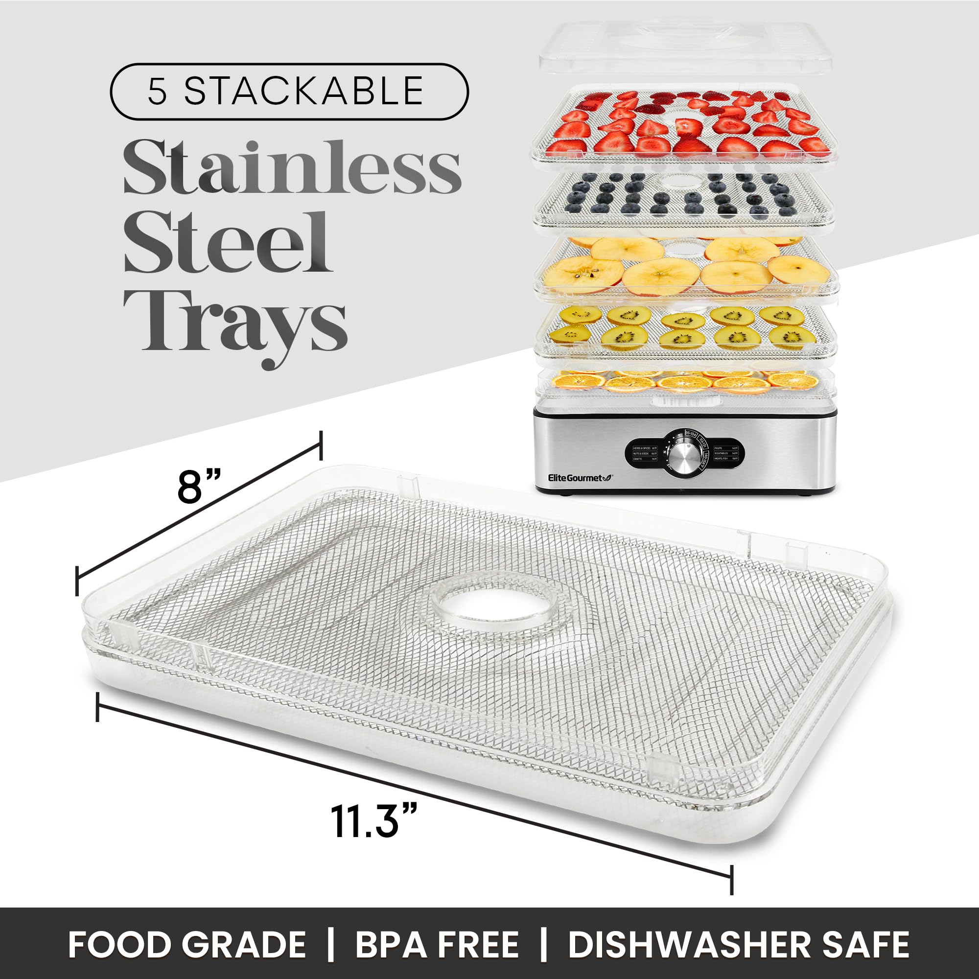 Elite Gourmet EFD3321X Stainless Steel Food Dehydrator with Adjustable Temperature - Perfect for Making Beef Jerky, Drying Herbs, Fruits, Vegetables & Healthy Snacks | Ideal for Home Kitchen, Camping & Meal Prep