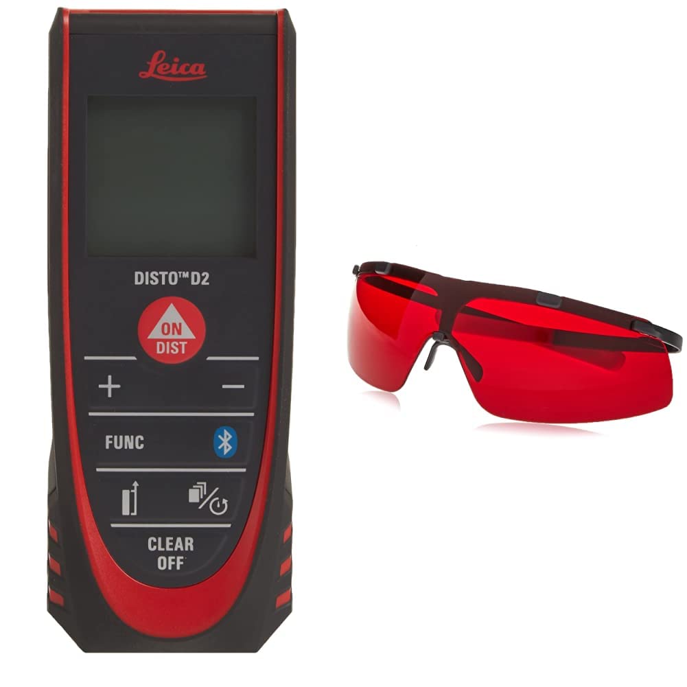 Leica DISTO D2 330ft Bluetooth Laser Distance Meter with GLB30 Red Laser Glasses - Professional Laser Measure Tool for Construction, Home Renovation & DIY Projects (Black/Red, 4.6 x 1.7 x 1 inches)