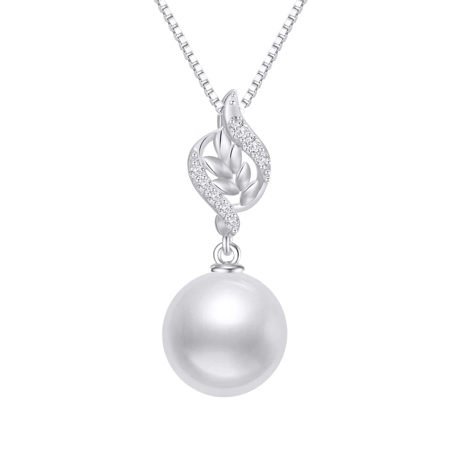 14K Gold Diamond Leaf Pearl Necklace for Women - Real Gold Box Chain & Pendant - Elegant Anniversary Gift for Wife - Christmas Jewelry Present for Her (16-18 Inch) - Perfect for Weddings, Date Nights & Special Occasions