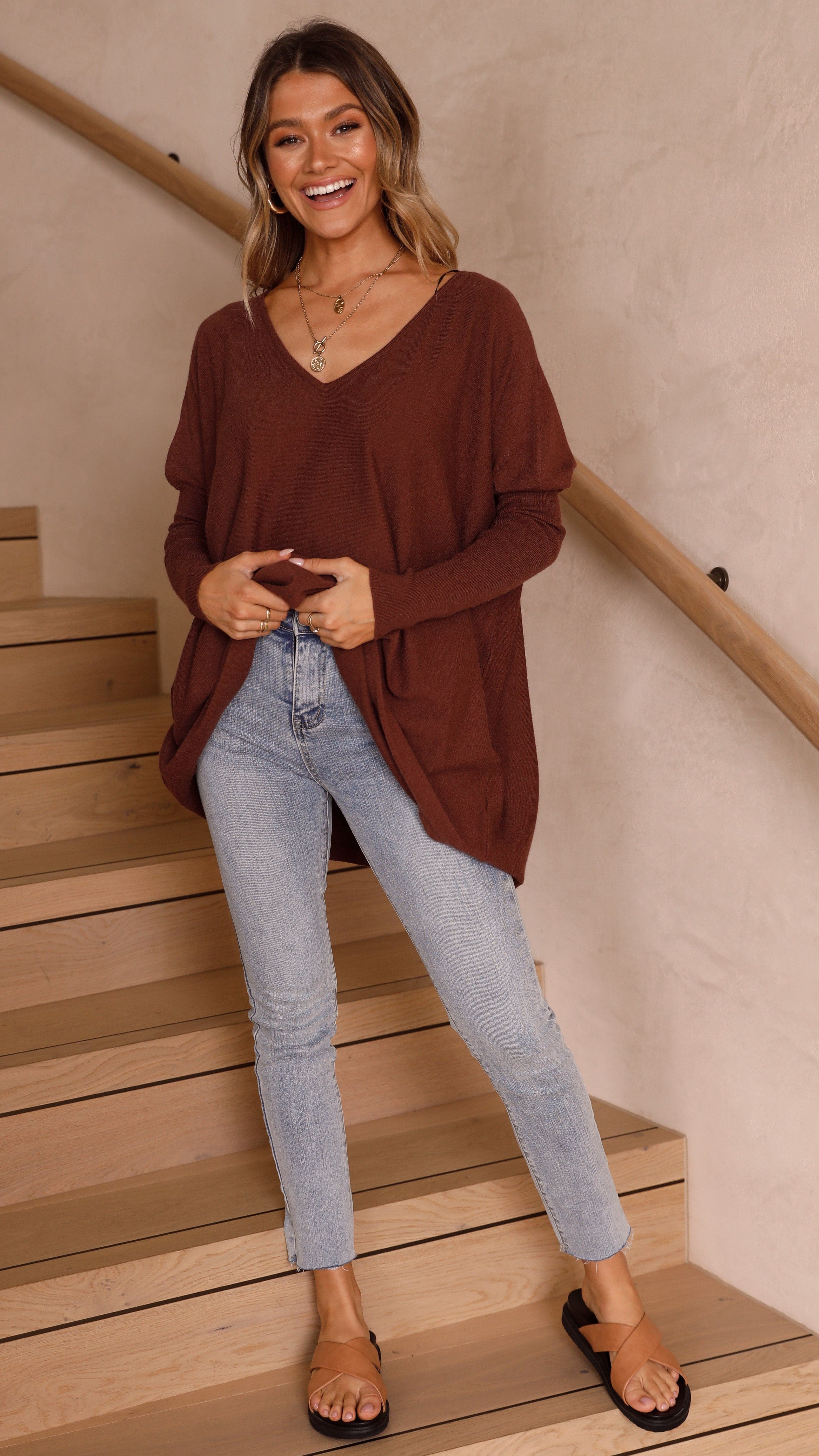 Amalia Knit Top Women's Casual Long Sleeve Sweater Chocolate Brown - Perfect for Fall Layering & Office Wear