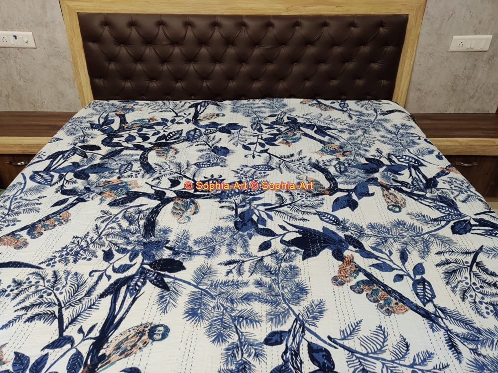 Sophia-Art Handmade Indian Owl Printed Kantha Quilt - 100% Cotton King Size Blanket (90