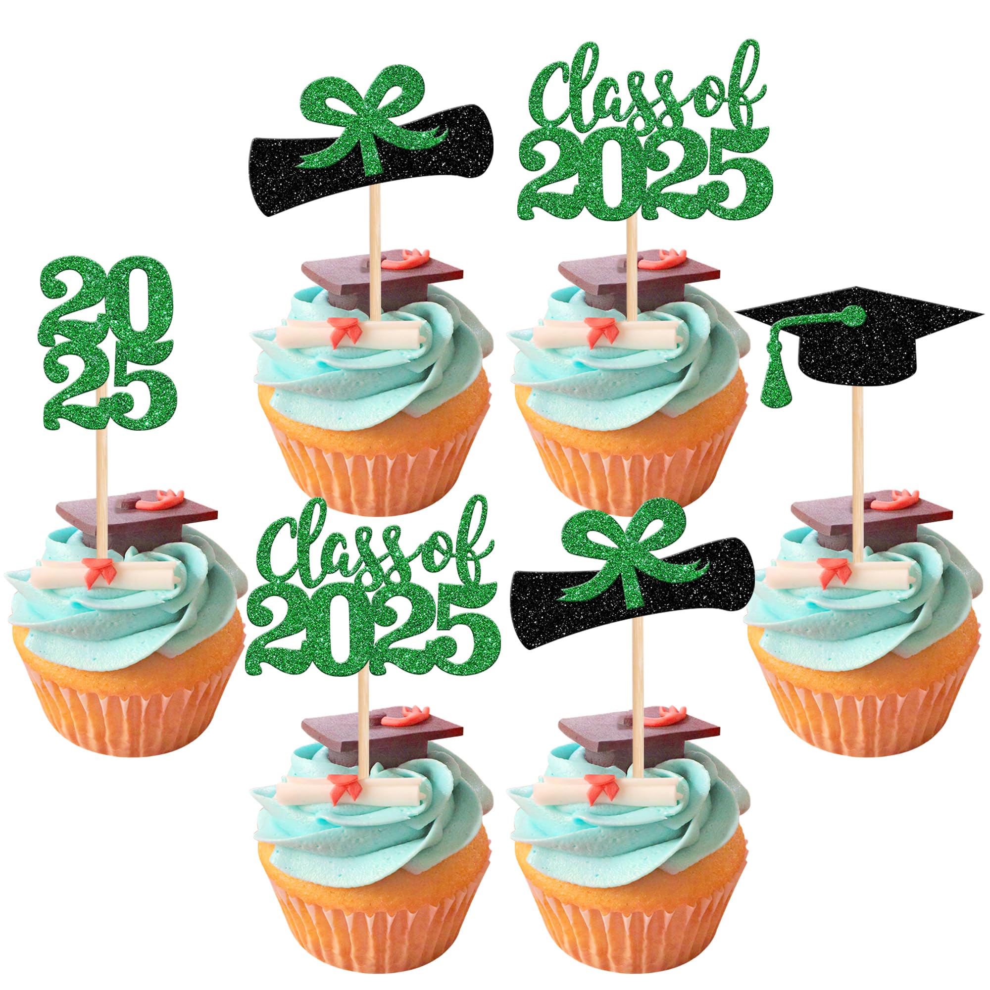 36 PCS 2025 Graduation Cupcake Toppers - Glitter Class of 2025 Caps & Diplomas Cake Decorations - Green Graduation Party Supplies for High School & College Celebrations, Birthday Cakes, Dessert Decor