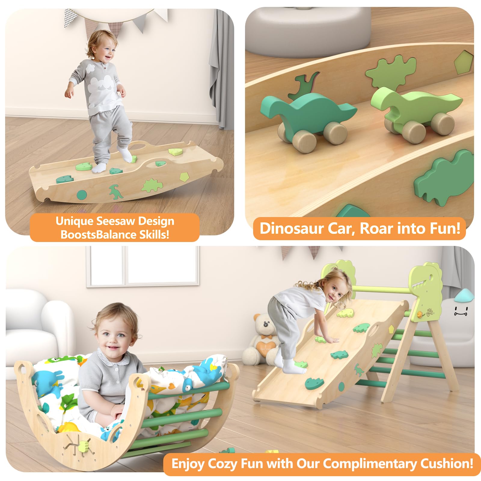 Montessori Wooden Pikler Triangle Climbing Set for Toddlers 1-3 Years - 9-in-1 Indoor Play Gym with Cushion, Maze, Shape Sorter & Dinosaur Car - Perfect for Home Playrooms, Daycares & Early Childhood Development