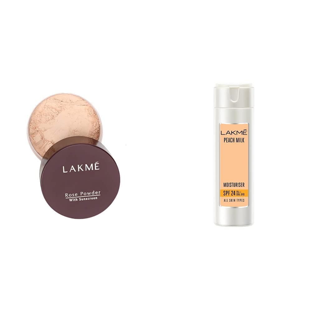 LAKMÉ Rose Face Powder - Soft Pink, 40G | Lakmé Peach Milk SPF 24 PA+ Sunscreen Moisturizer for Oily Skin, 120ml - Flawless Makeup & Sun Protection for Daily Glow