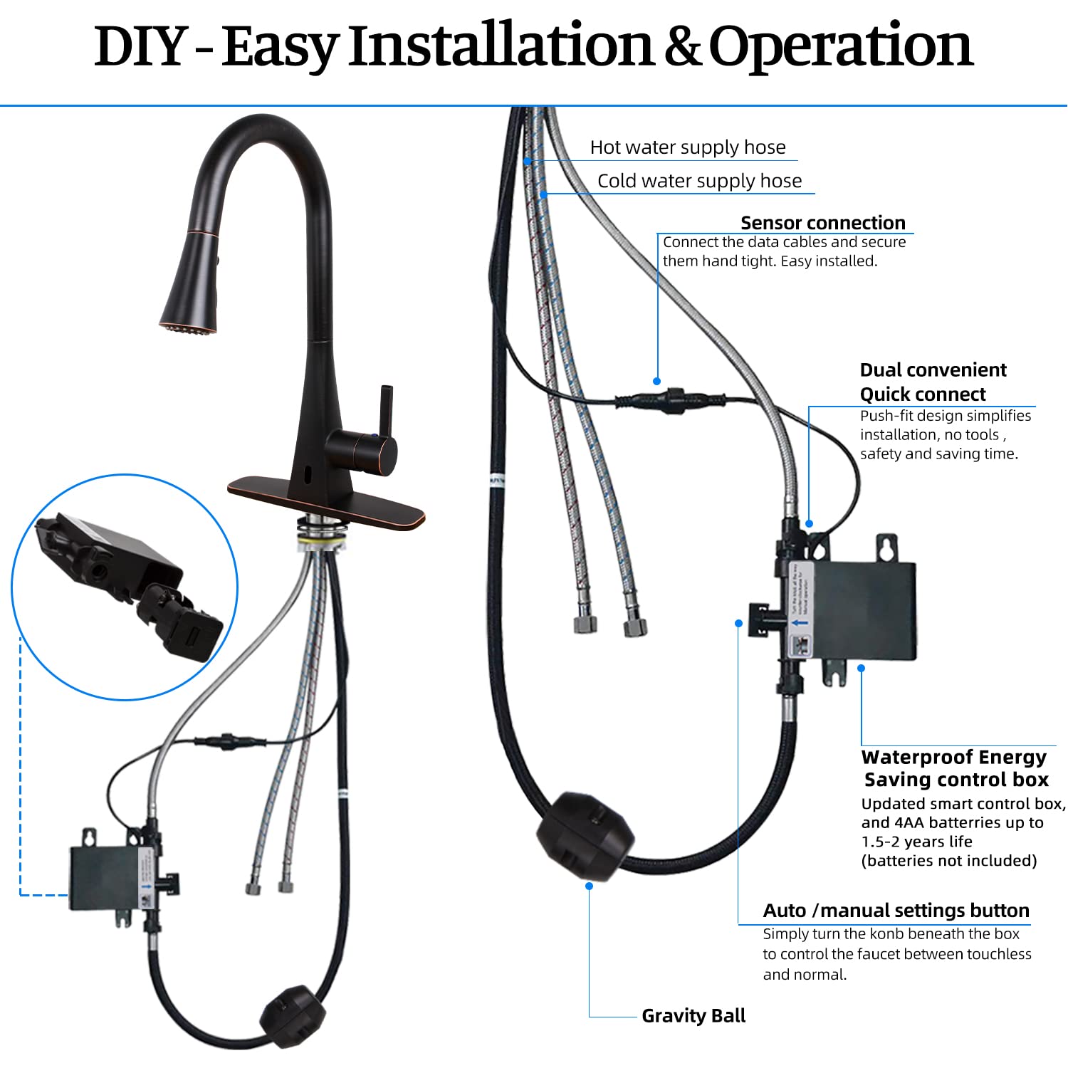 ANBSR Motion Sensor Touchless Kitchen Faucet with Pull Down Sprayer - Oil Rubbed Bronze Stainless Steel, Single Handle 3 Hole Installation, 3 Spray Settings for Easy Cooking & Cleaning - Perfect for Modern Kitchens, Restaurants, and Commercial Use