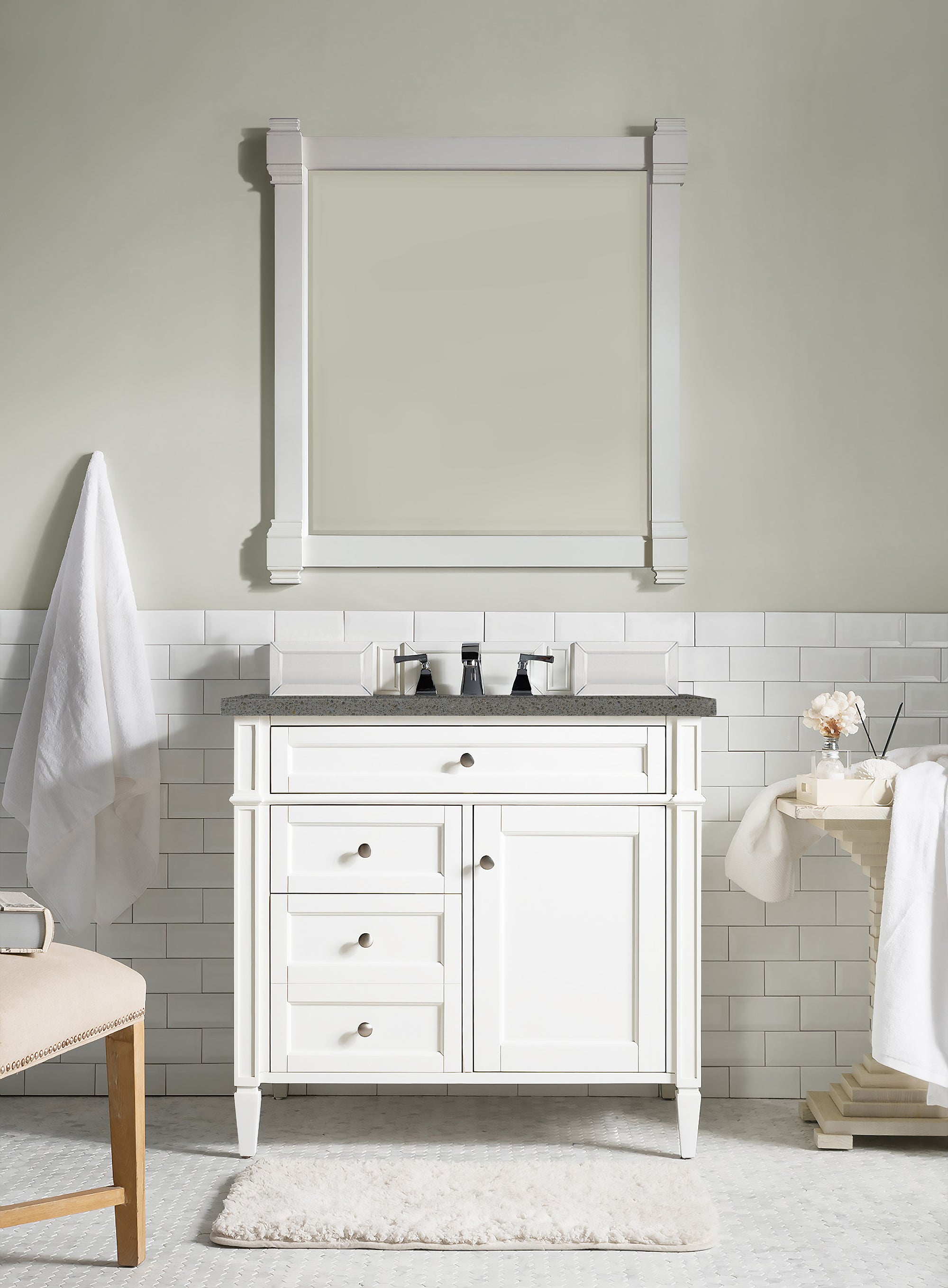 Brittany 36-Inch Bright White Bathroom Vanity with 3CM Gray Expo Quartz Countertop - Perfect for Modern Master Bathrooms and Guest Baths